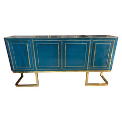 Italian Turquoise Opaline Glass Credenza, Brass Handles and Inlays, 1980
