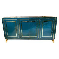 Italian Turquoise Opaline Glass Credenza, Brass Handles and Inlays, 1980