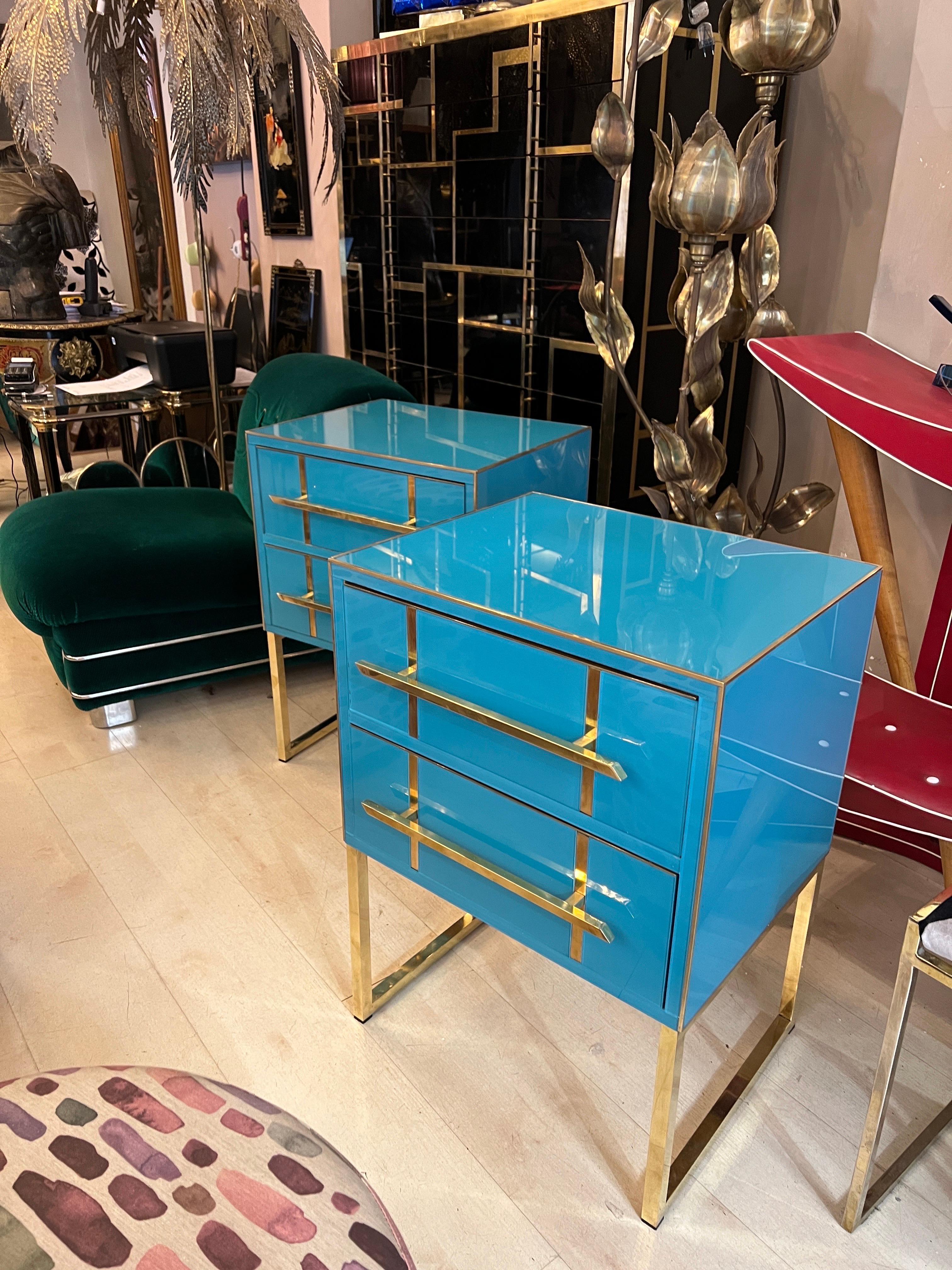 Italian Turquoise Opaline Glass Nightstands, Brass Handles and Inlays, 1980 In Excellent Condition In Florence, IT