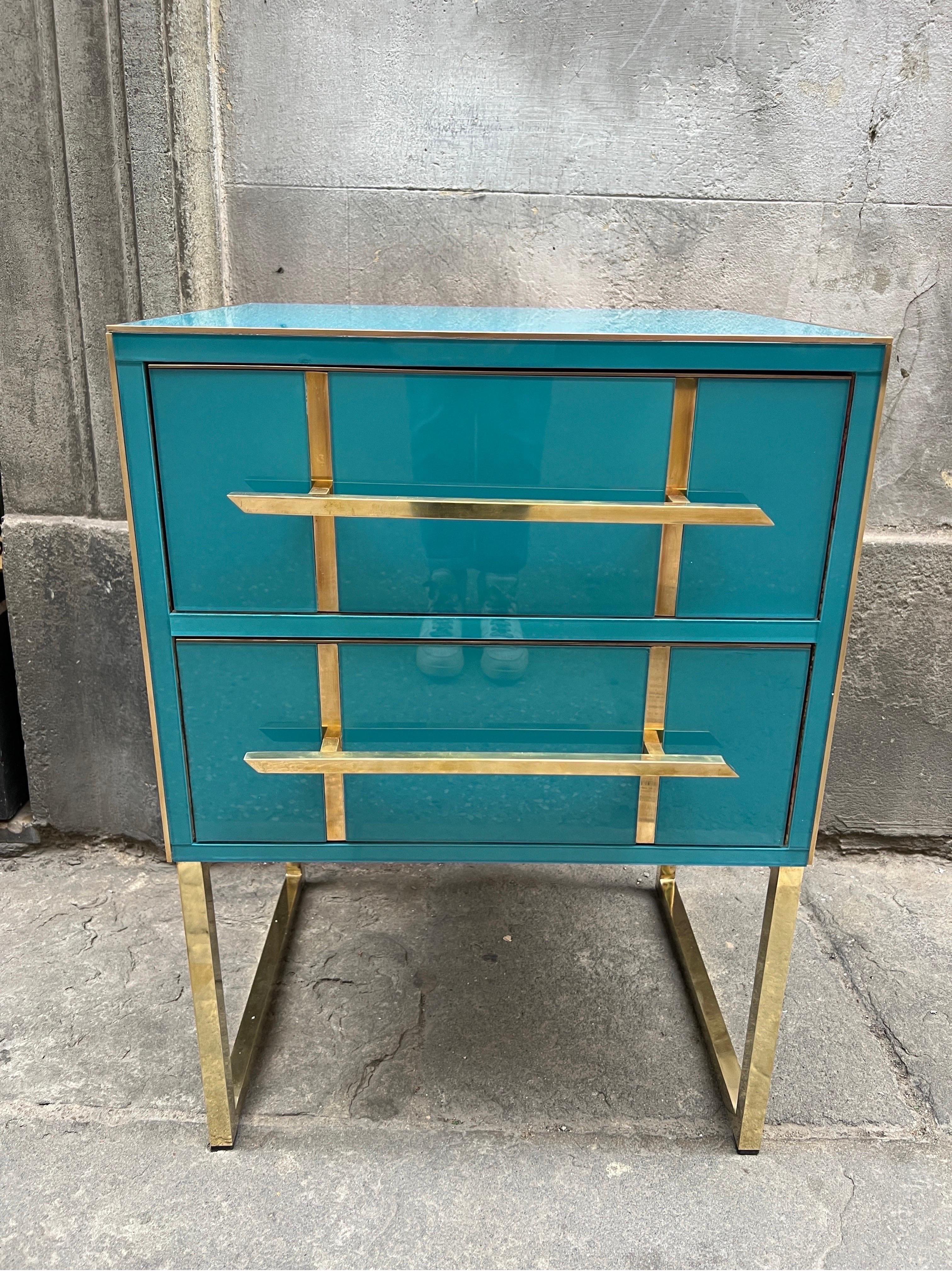 Late 20th Century Italian Turquoise Opaline Glass Nightstands, Brass Handles and Inlays, 1980
