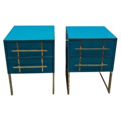 Italian Turquoise Opaline Glass Nightstands, Brass Handles and Inlays, 1980