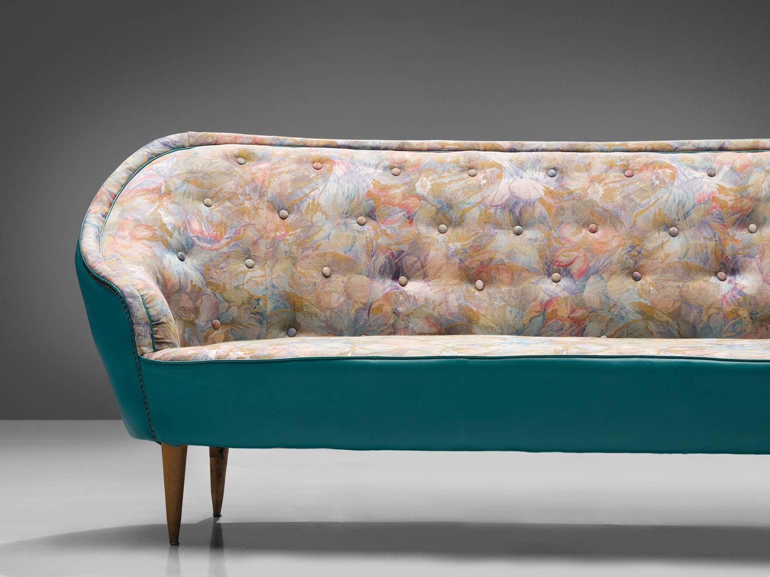 Italian Turquoise Sofa with Floral Upholstery, circa 1950 In Good Condition In Waalwijk, NL
