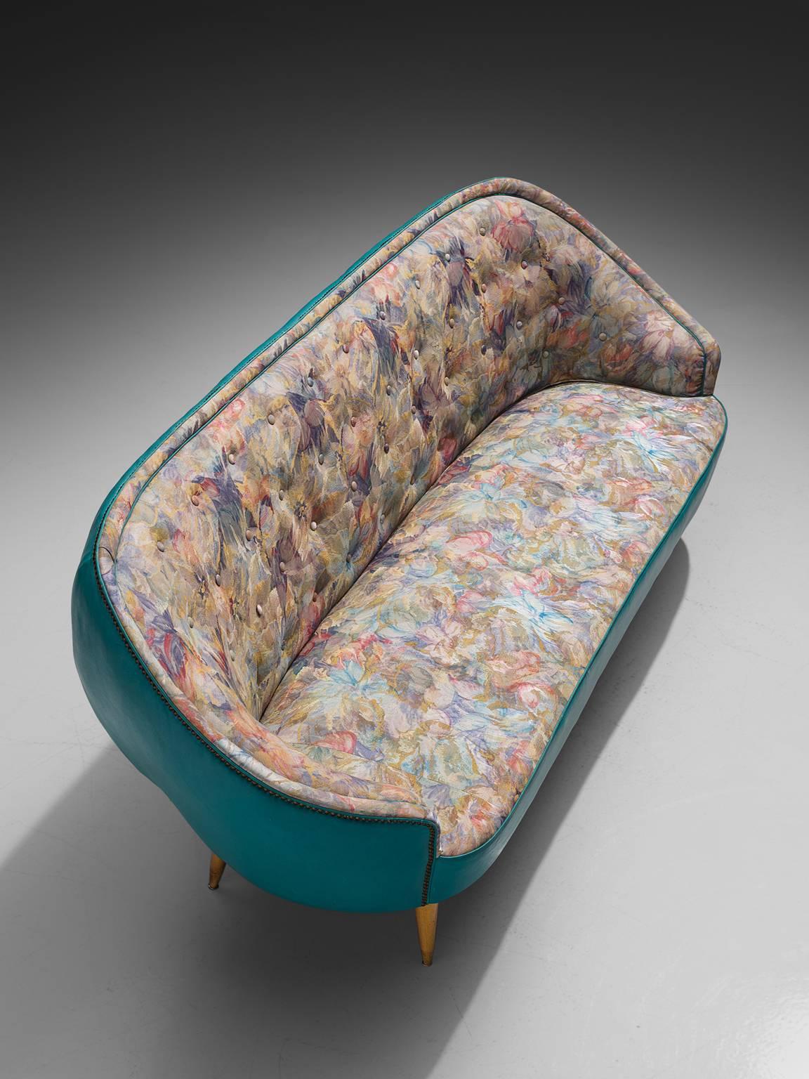 Mid-20th Century Italian Turquoise Sofa with Floral Upholstery, circa 1950