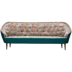 Italian Turquoise Sofa with Floral Upholstery, circa 1950