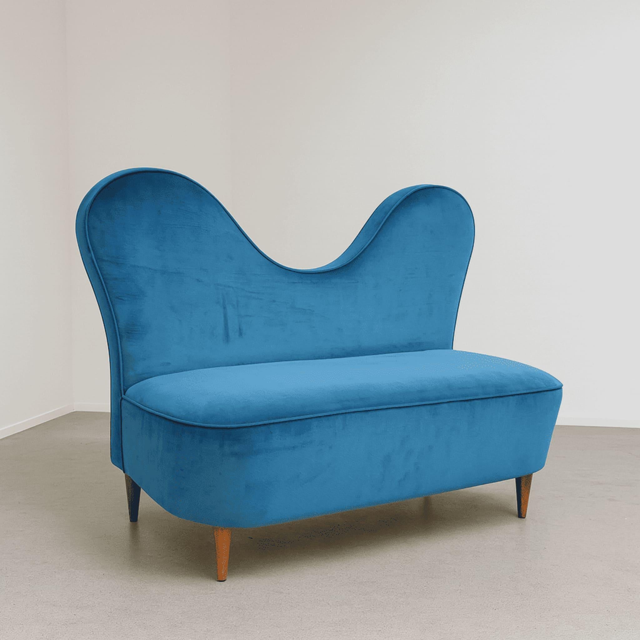 Elegant two-seater sofa designed by Cesare Lacca in Italy during the 1950s.
This sculptural piece embodies the refined balance between organic form and architectural precision typical of Lacca’s work.

The sofa features a solid wooden structure with