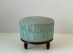 Italian Turquoise Worn Leather Round Pouf with Wood Base, 1960s, Italy