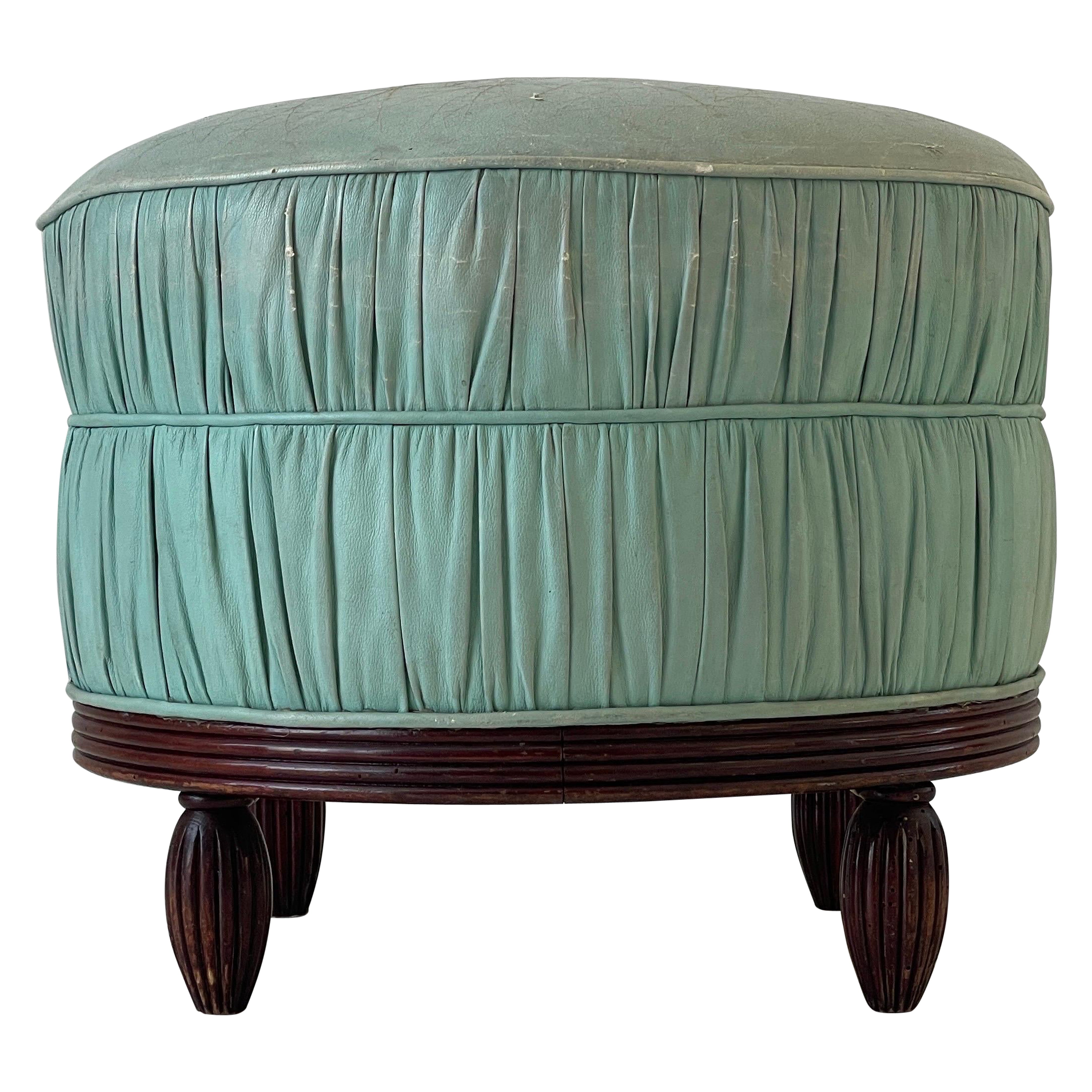Pouf rotondo in pelle consumata turchese con base in Wood, anni '60, Italia in vendita