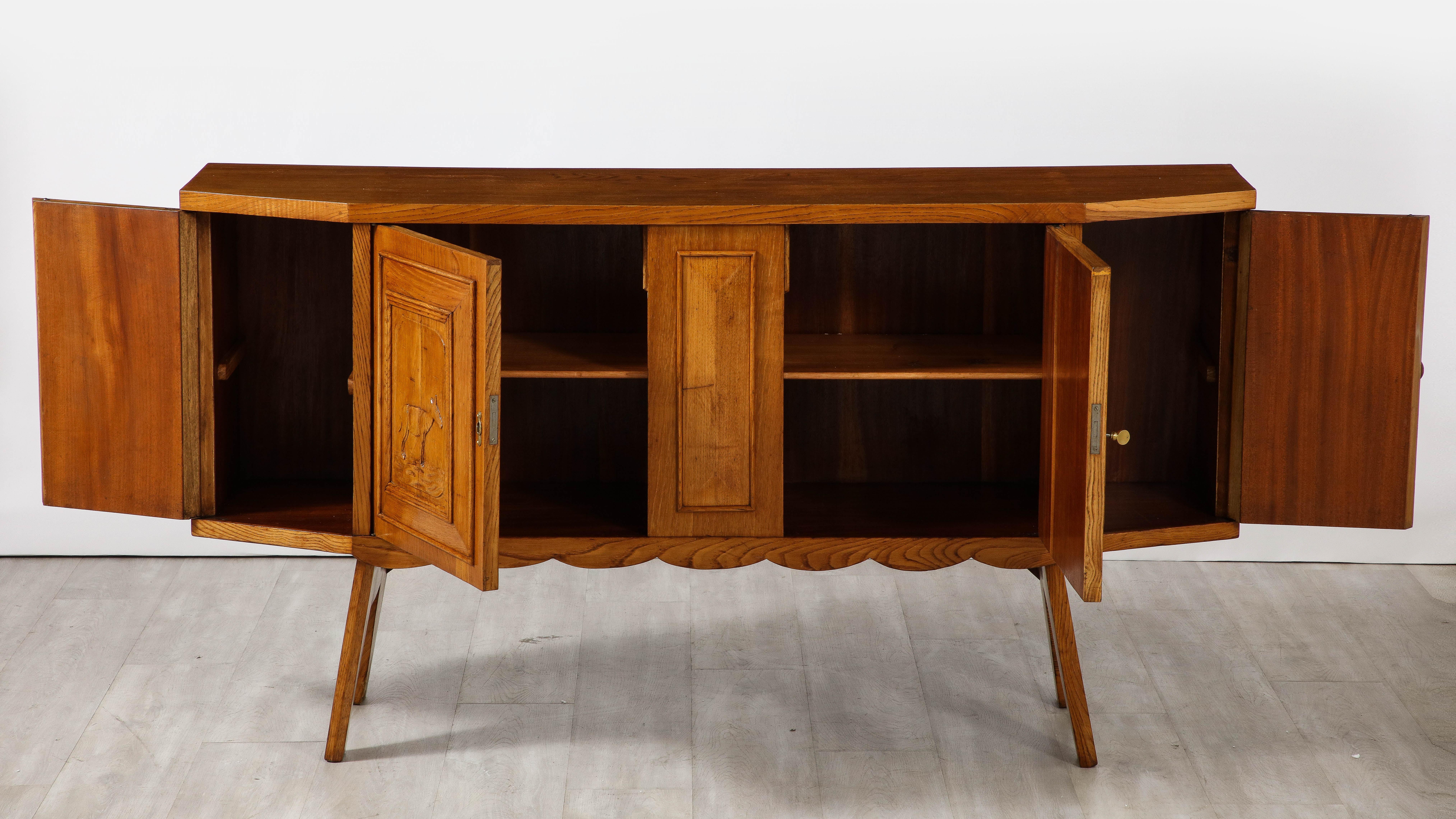 Hand-Carved Italian Tuscan Art Deco Carved Oak Sideboard or Credenza, circa 1940 For Sale