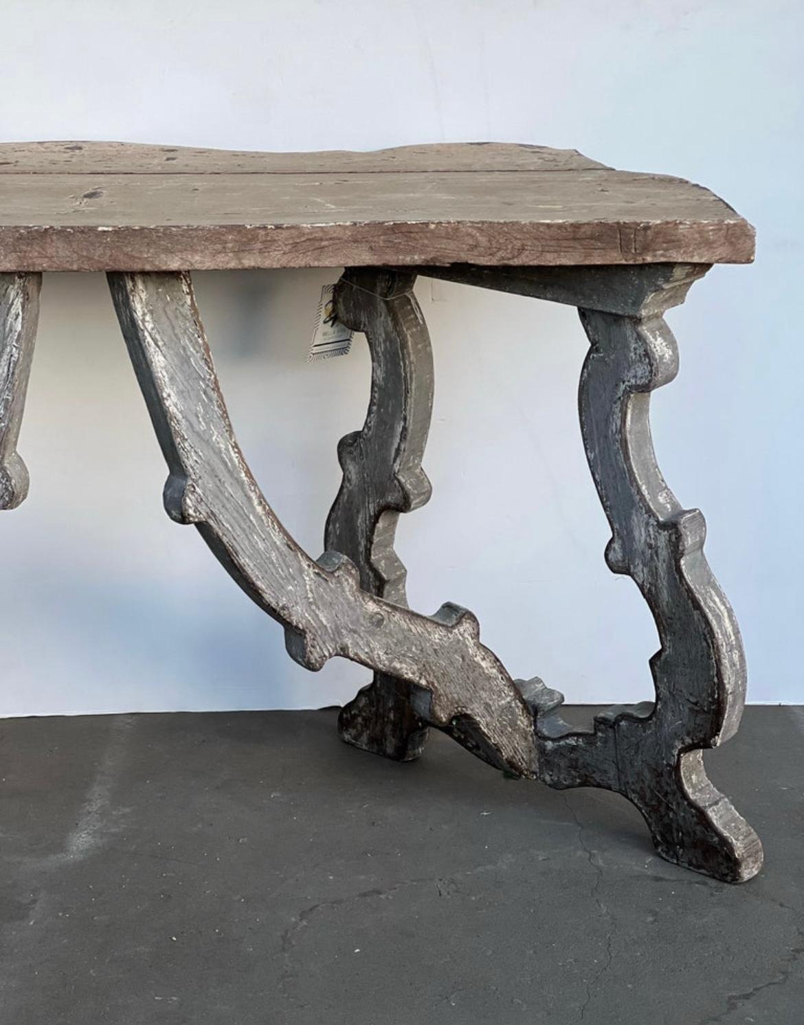 Wood Italian Tuscan Baroque Demilune Pair, Center Table, wabi sabi For Sale