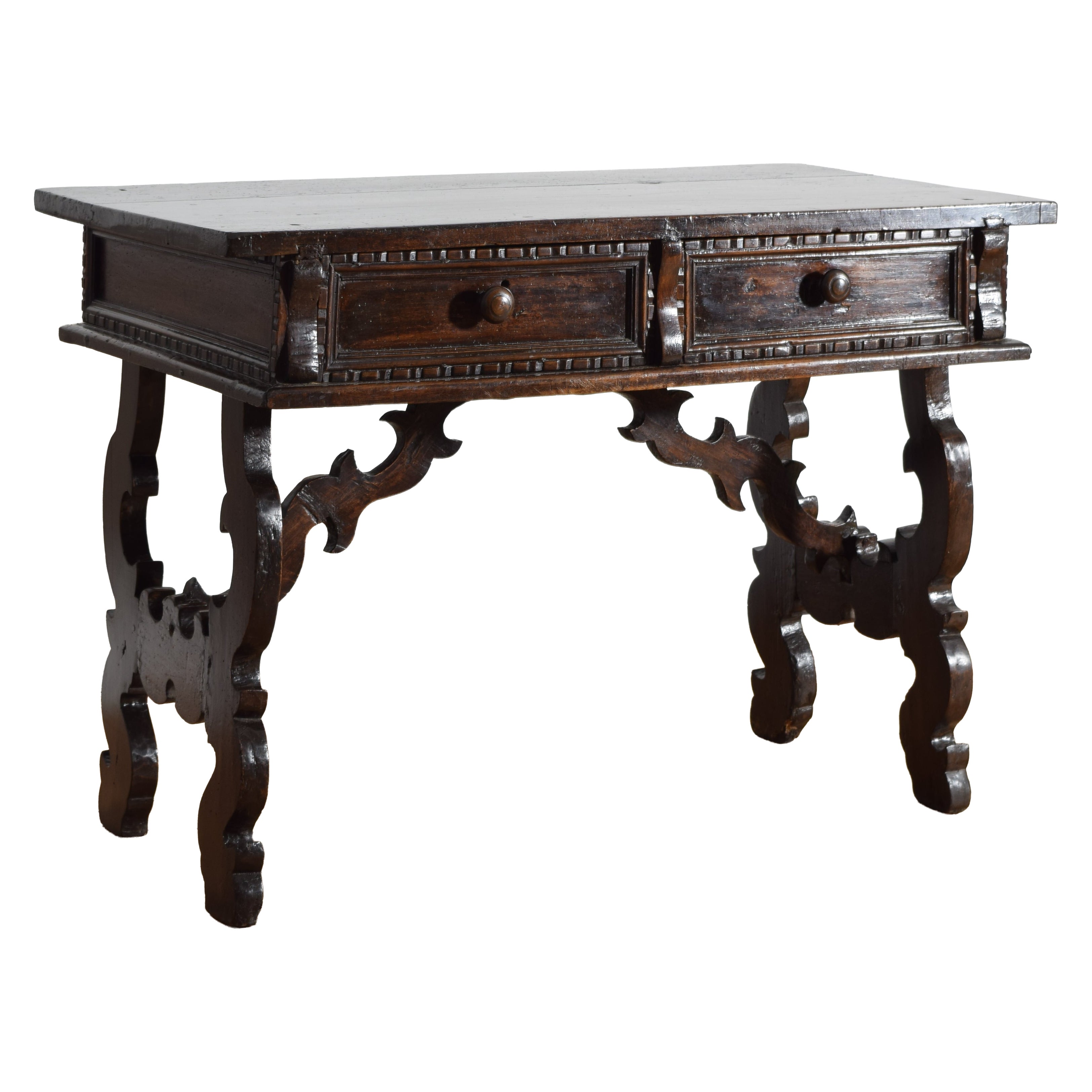 Mesa de escritorio de caballete italiana, toscana, barroca, de nogal, 2 cajones, siglo XVIII