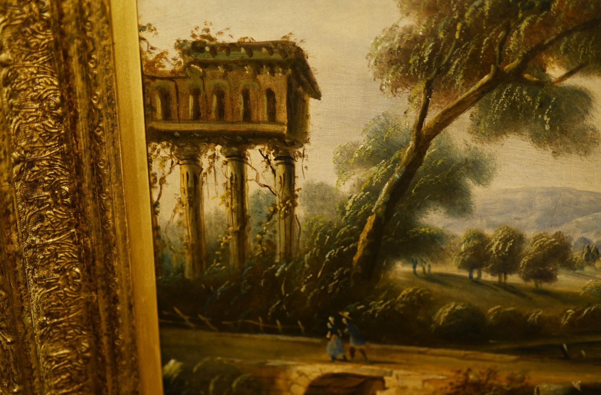 Gorgeous Italian oil painting showing a classic Tuscan landscape
Great work of Grand Tour art with the ruined temple to the left of the painting
The rest of the work shows a idylic pastoral work with a stone bridge over the river
Figures and sheep