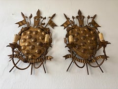 Italian Tuscan Medici Coat of Arms Metal Florentine Sconces c 1900 Fleur Di Lis