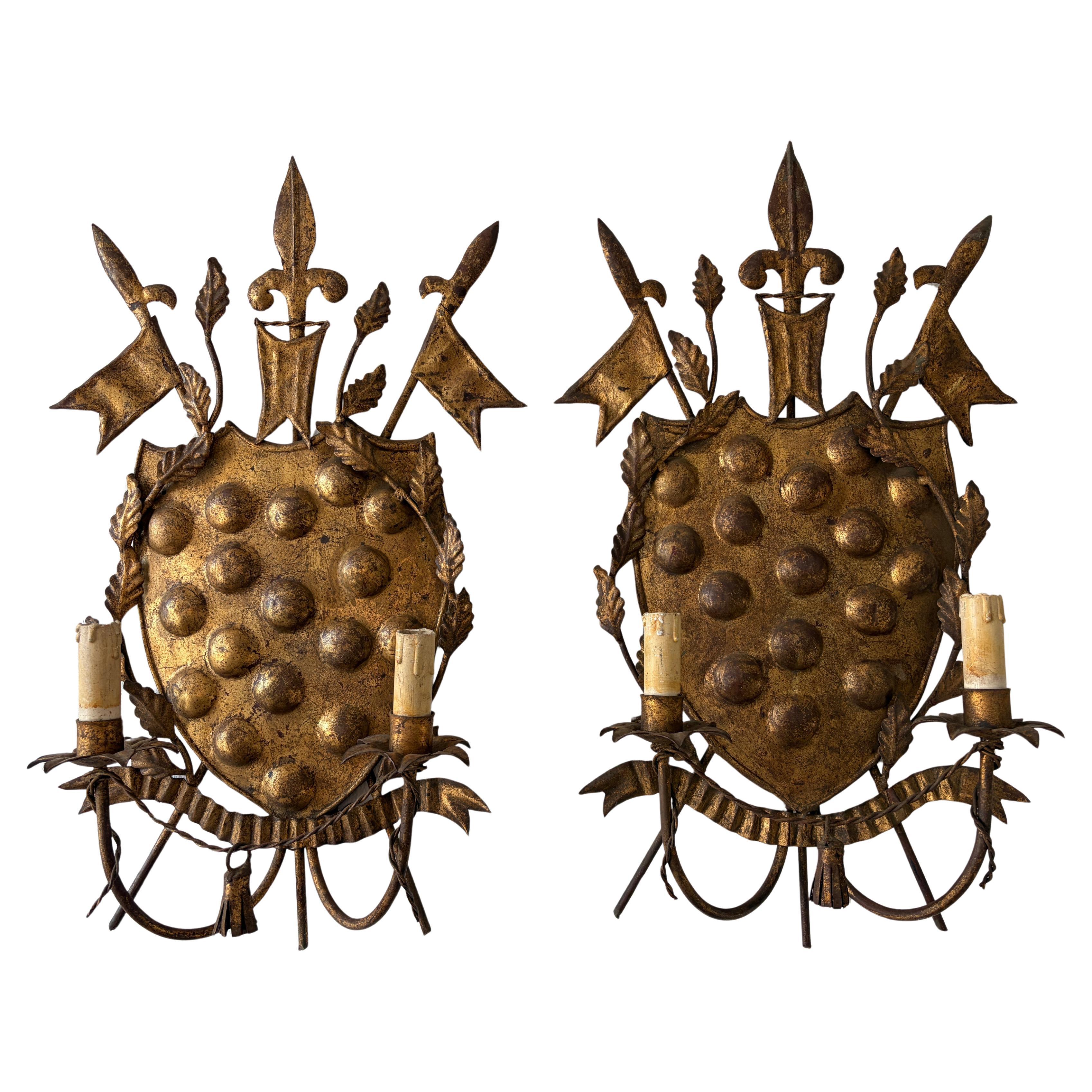Italian Tuscan Medici Coat of Arms Metal Florentine Sconces c 1900 Fleur Di Lis For Sale