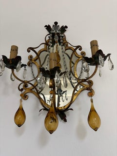 Italienische toskanische Spiegel Metall Florentine Wandleuchter um 1900 Bernstein geblasen Murano Glas