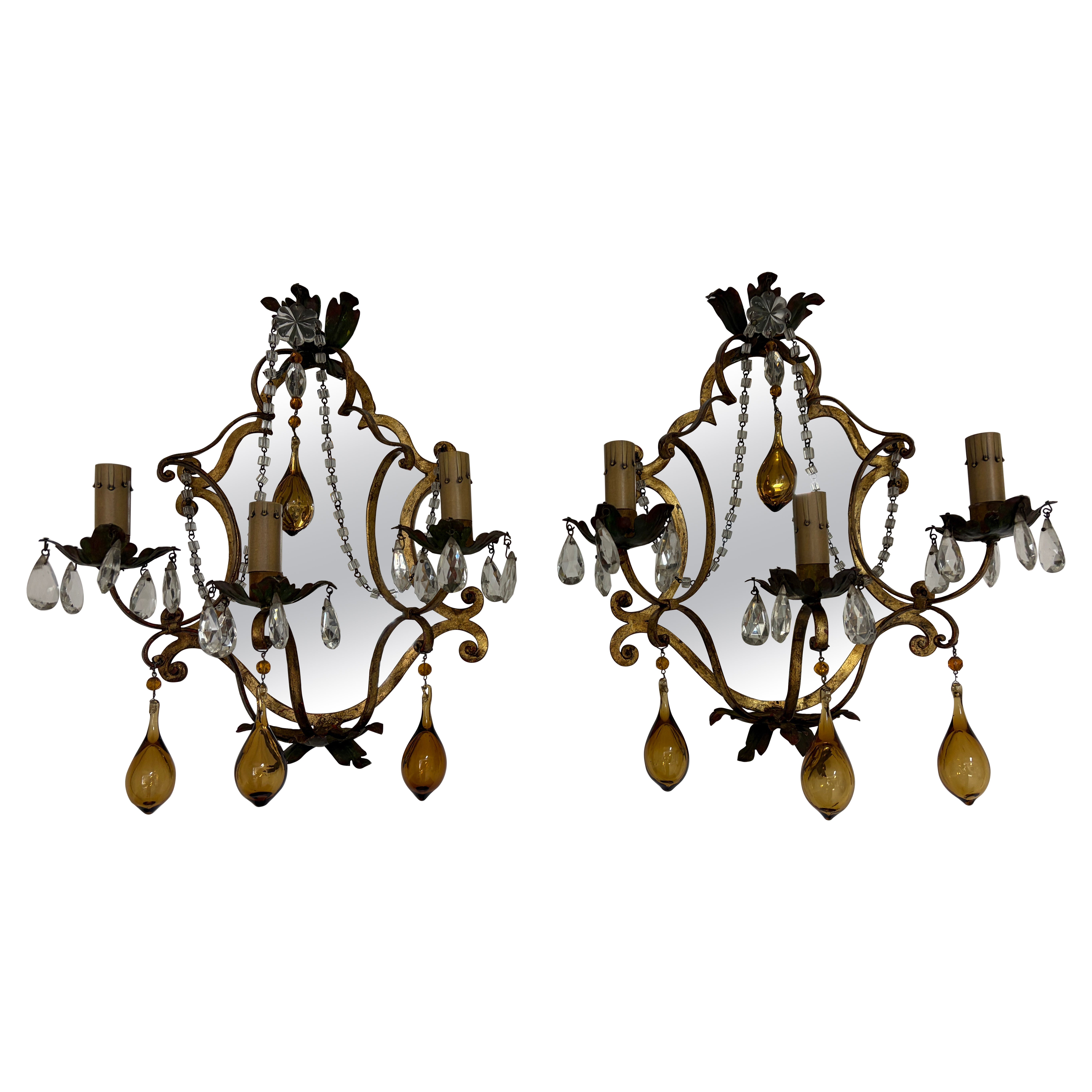 Italian Tuscan Mirror Metal Florentine Sconces c 1900 Amber Blown Murano Glass For Sale