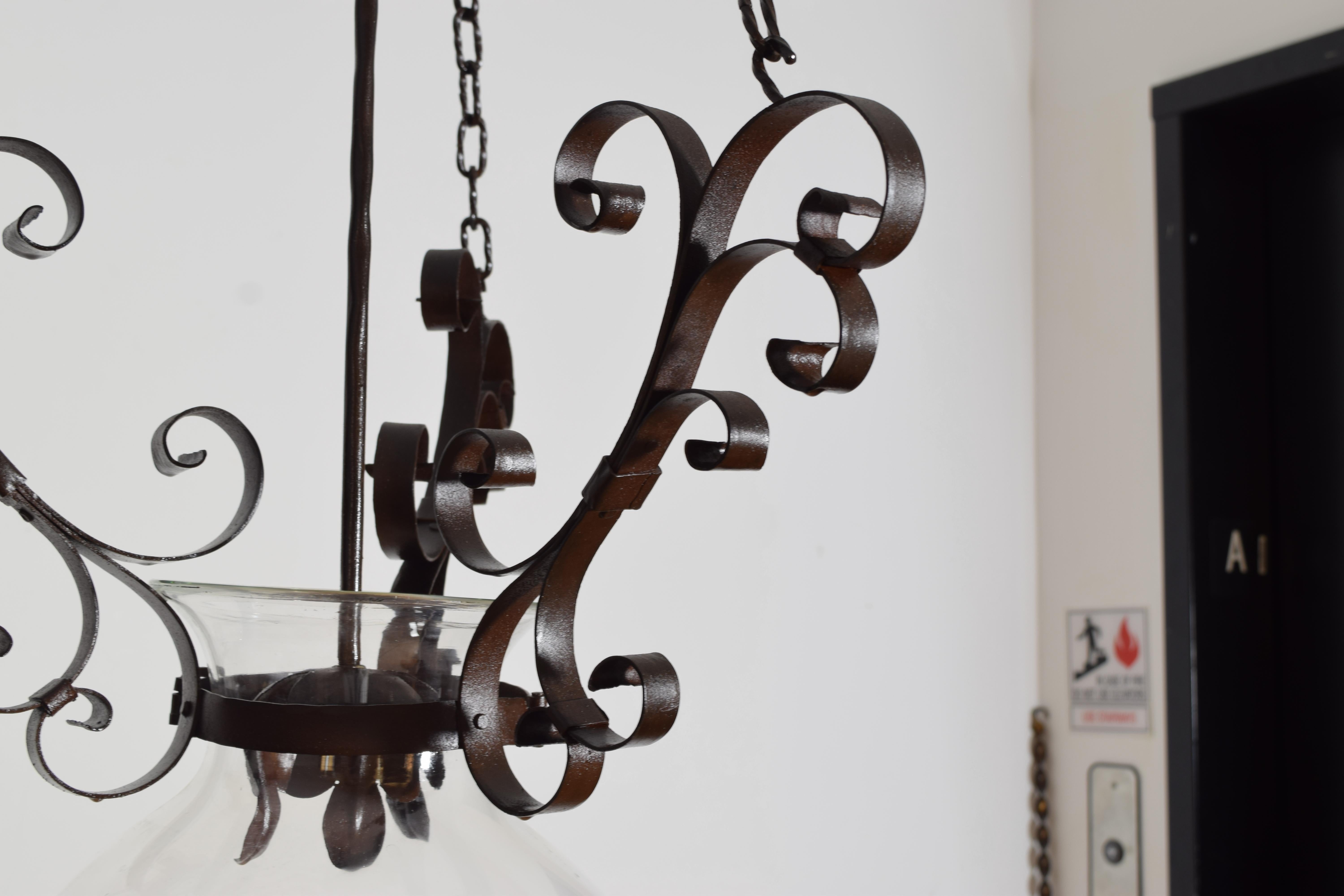 XIX secolo Italian, Tuscan, Pair of Iron and Blown Glass Pendant Lanterns, Mid-19th Century in vendita