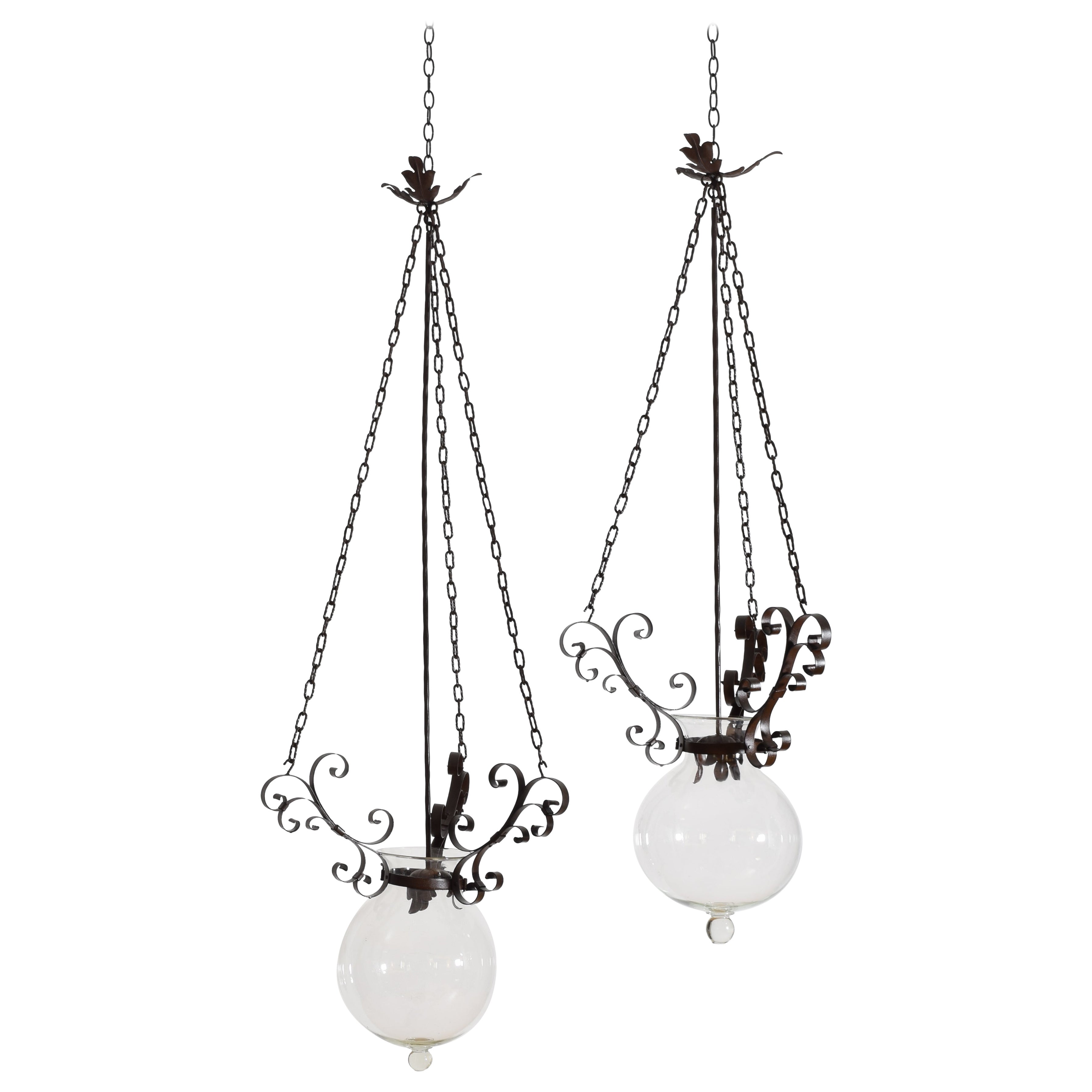 Italian, Tuscan, Pair of Iron and Blown Glass Pendant Lanterns, Mid-19th Century in vendita
