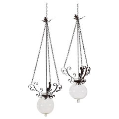 Italian, Tuscan, Pair of Iron and Blown Glass Pendant Lanterns, Mid-19th Century