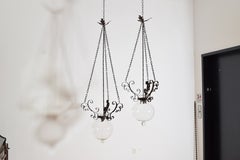 Italian, Tuscan, Pair of Iron and Blown Glass Pendant Lanterns, Mid-19th Century
