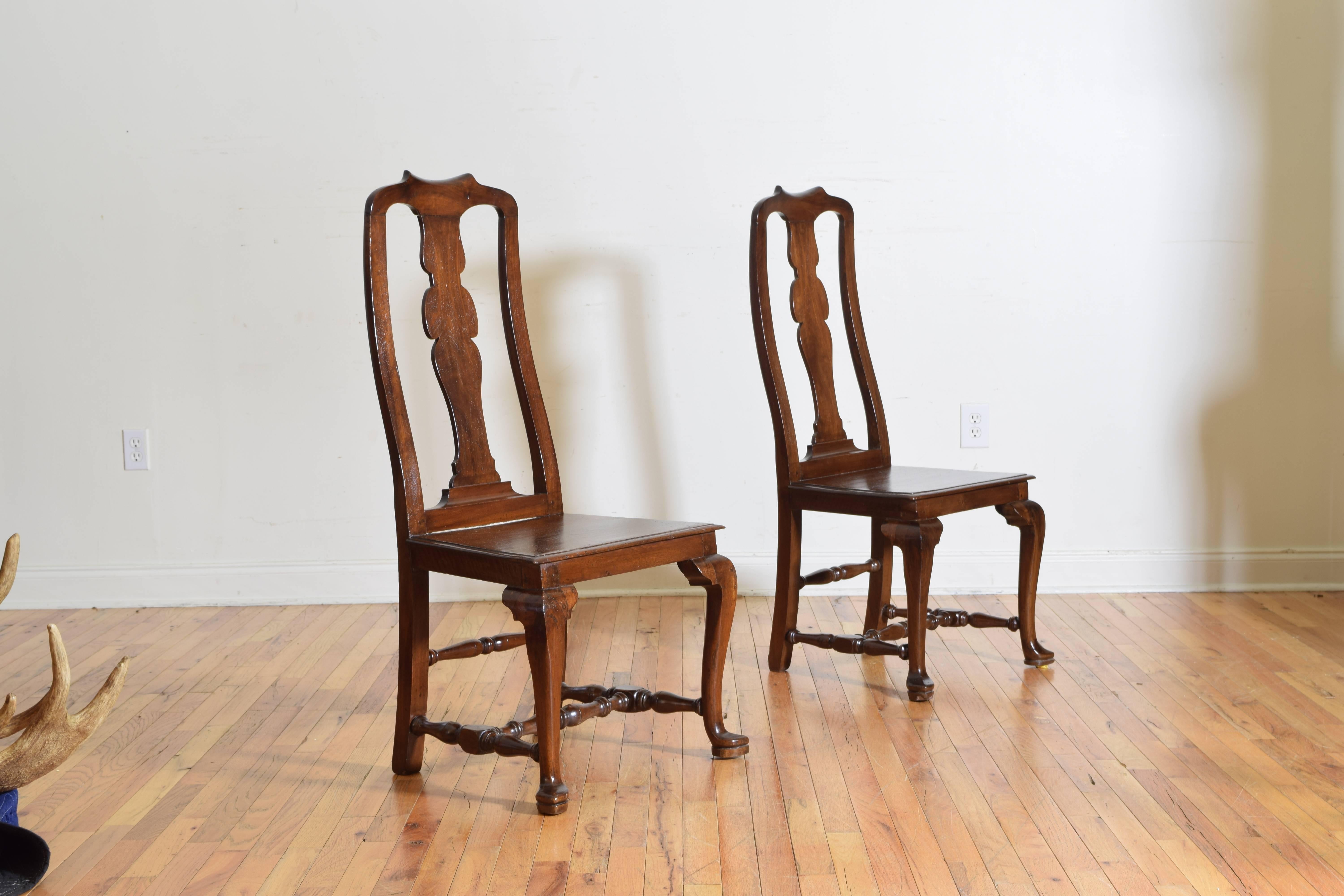 Carved Italian, Tuscan, Queen Anne Style Pair of Walnut Side Chairs, Late 18th Century