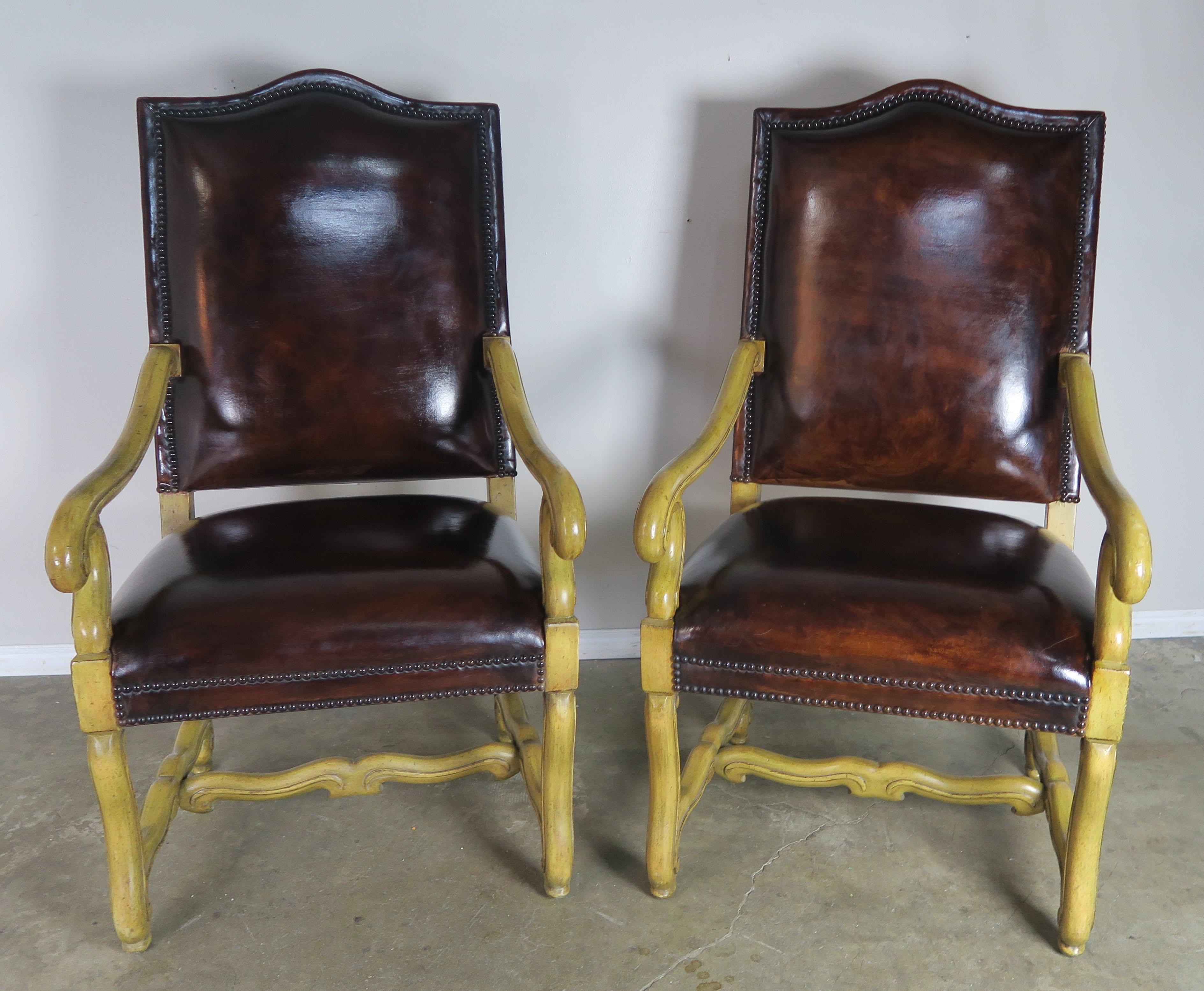 Italian Tuscan Style Leather Upholstered Armchairs, Pair 7