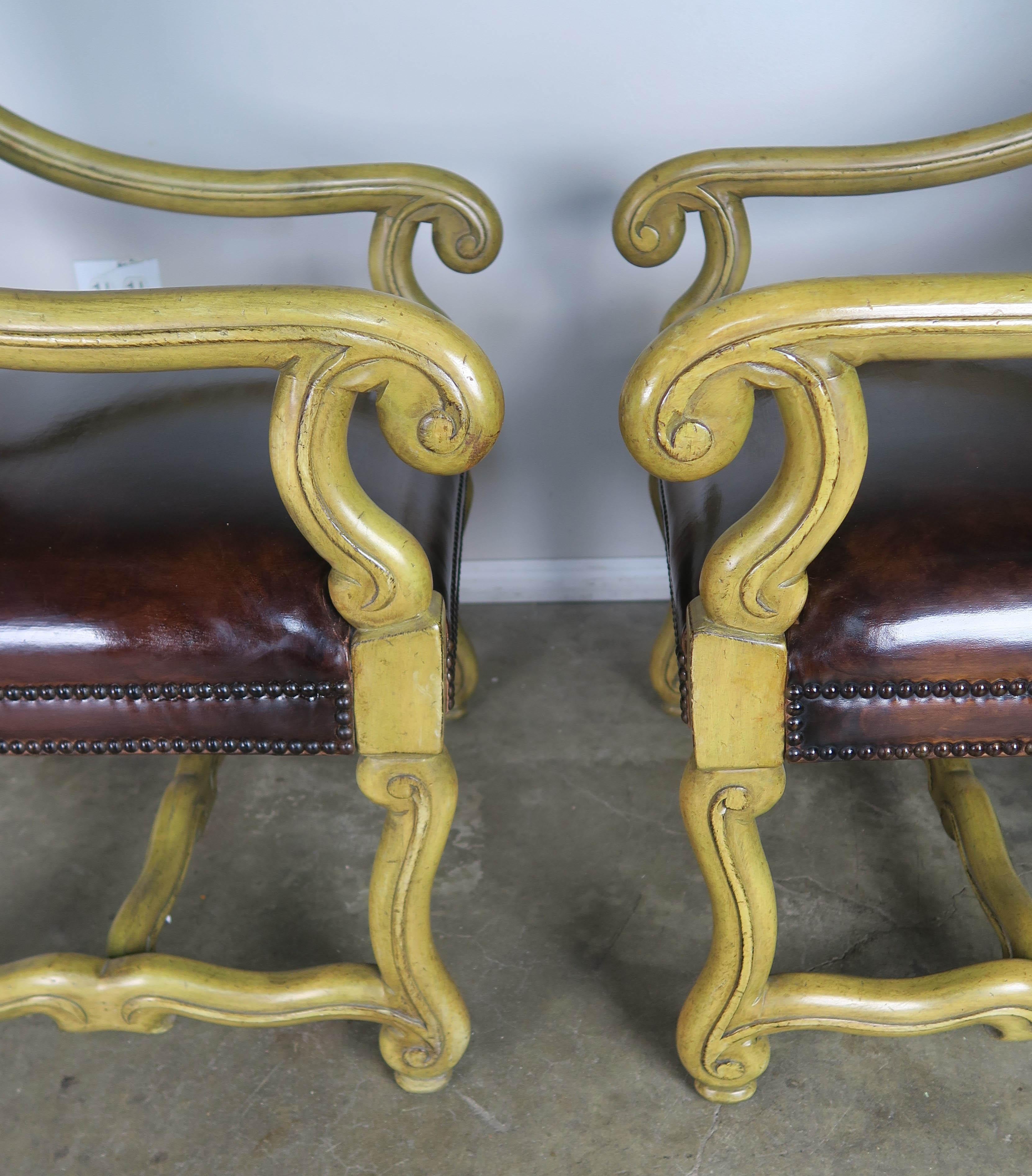 20th Century Italian Tuscan Style Leather Upholstered Armchairs, Pair