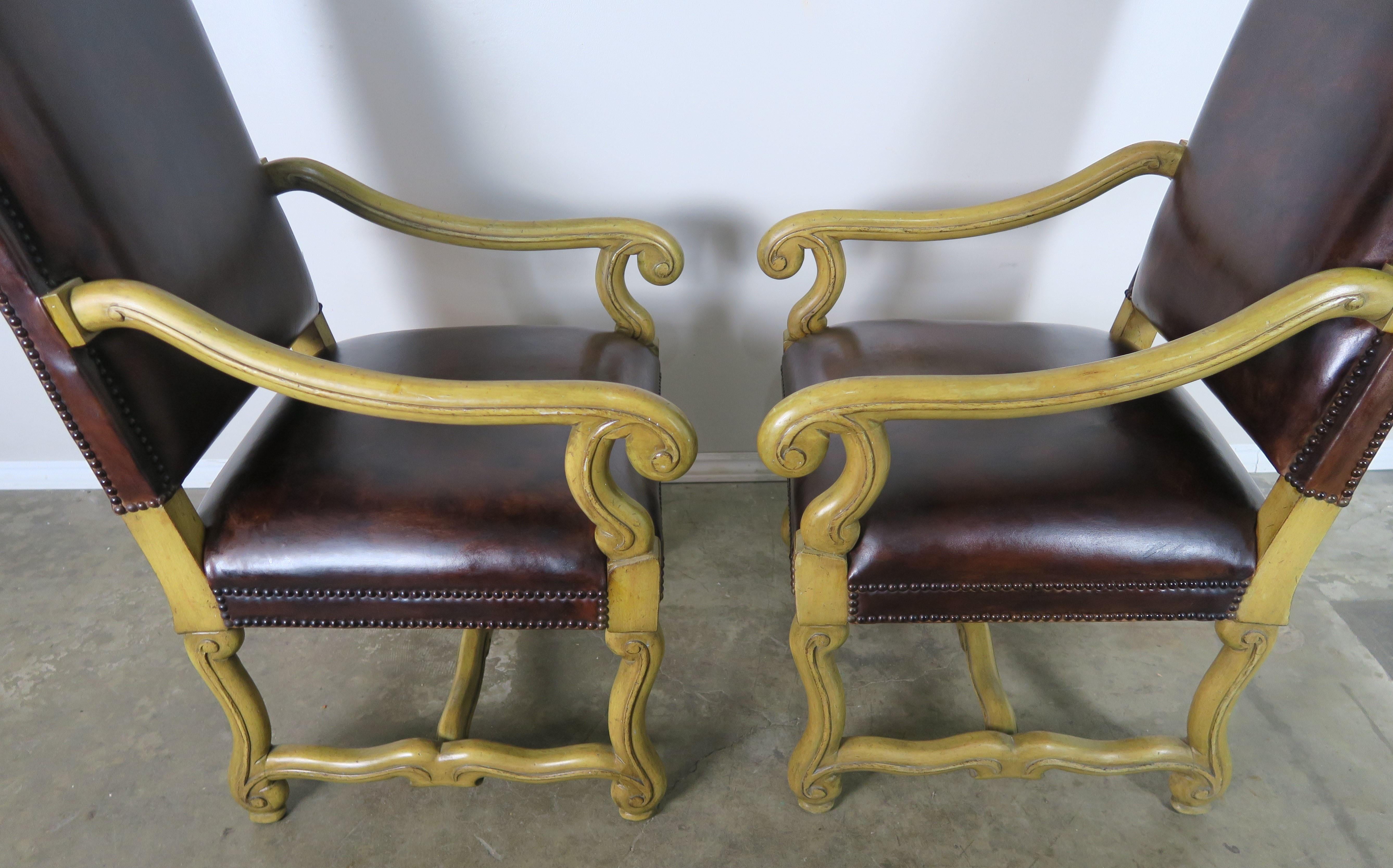 Italian Tuscan Style Leather Upholstered Armchairs, Pair 3