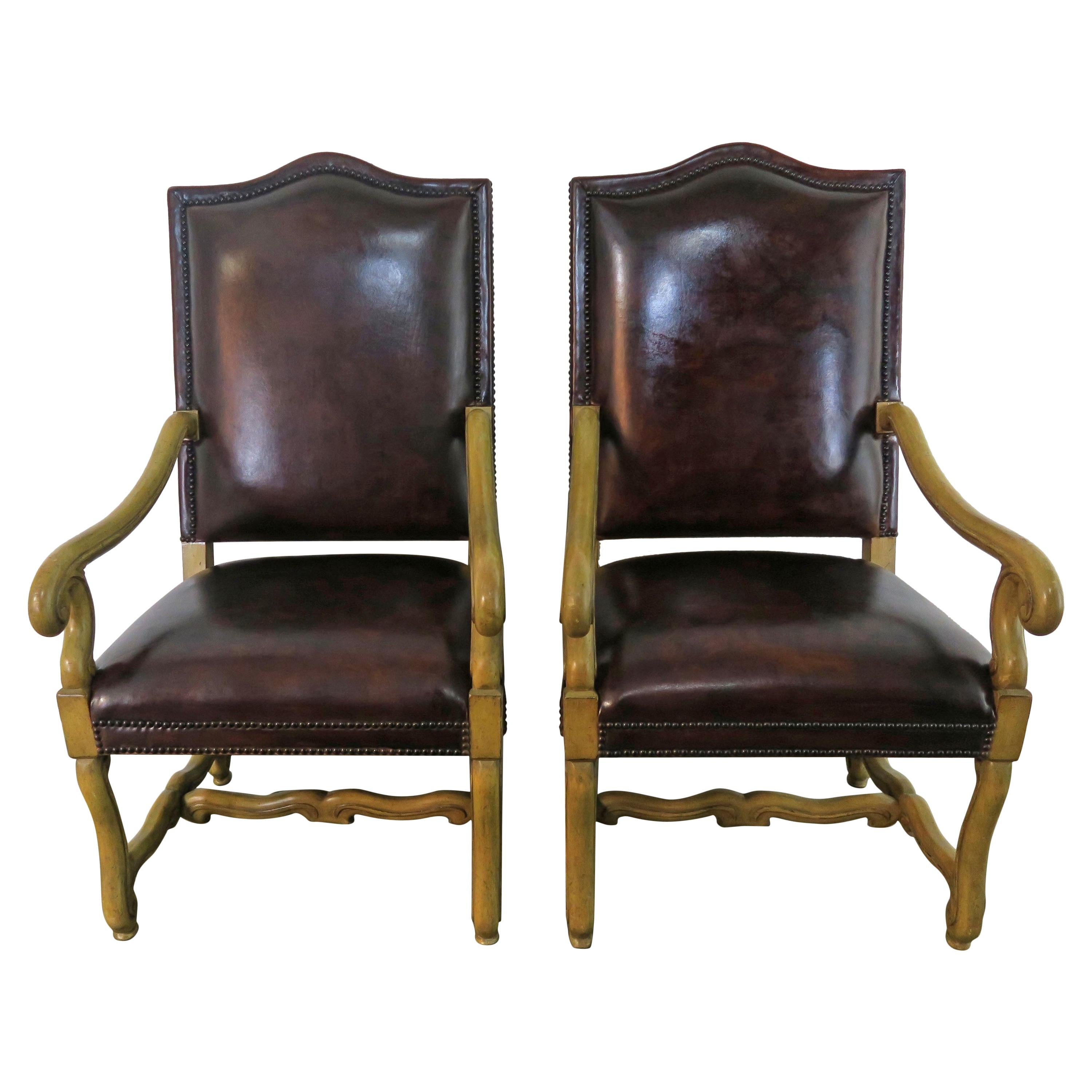 Italian Tuscan Style Leather Upholstered Armchairs, Pair