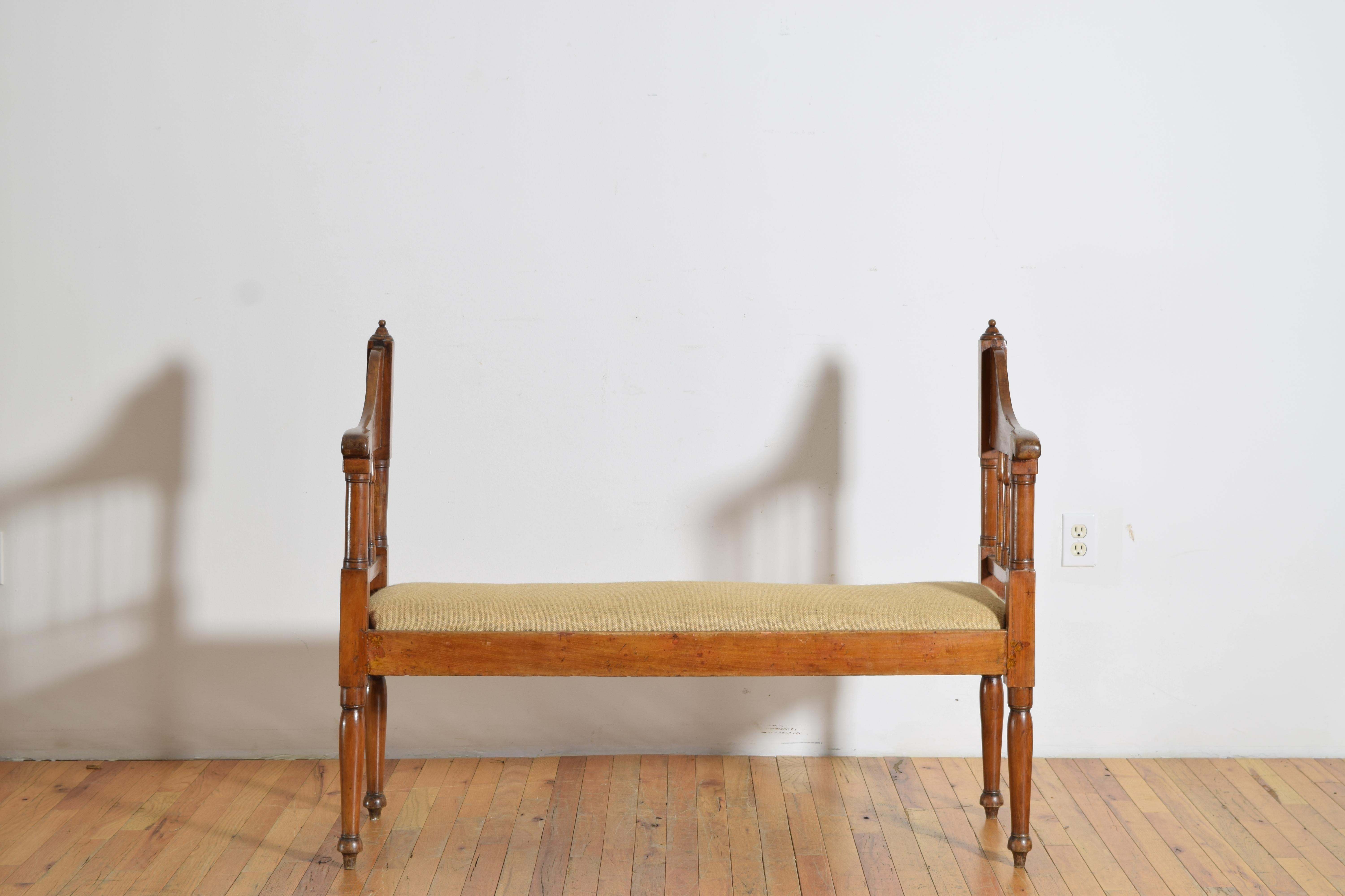 Mid-19th Century Italian, Tuscany, Late Neoclassical Walnut & Upholstered Bench, ca. 1830 For Sale