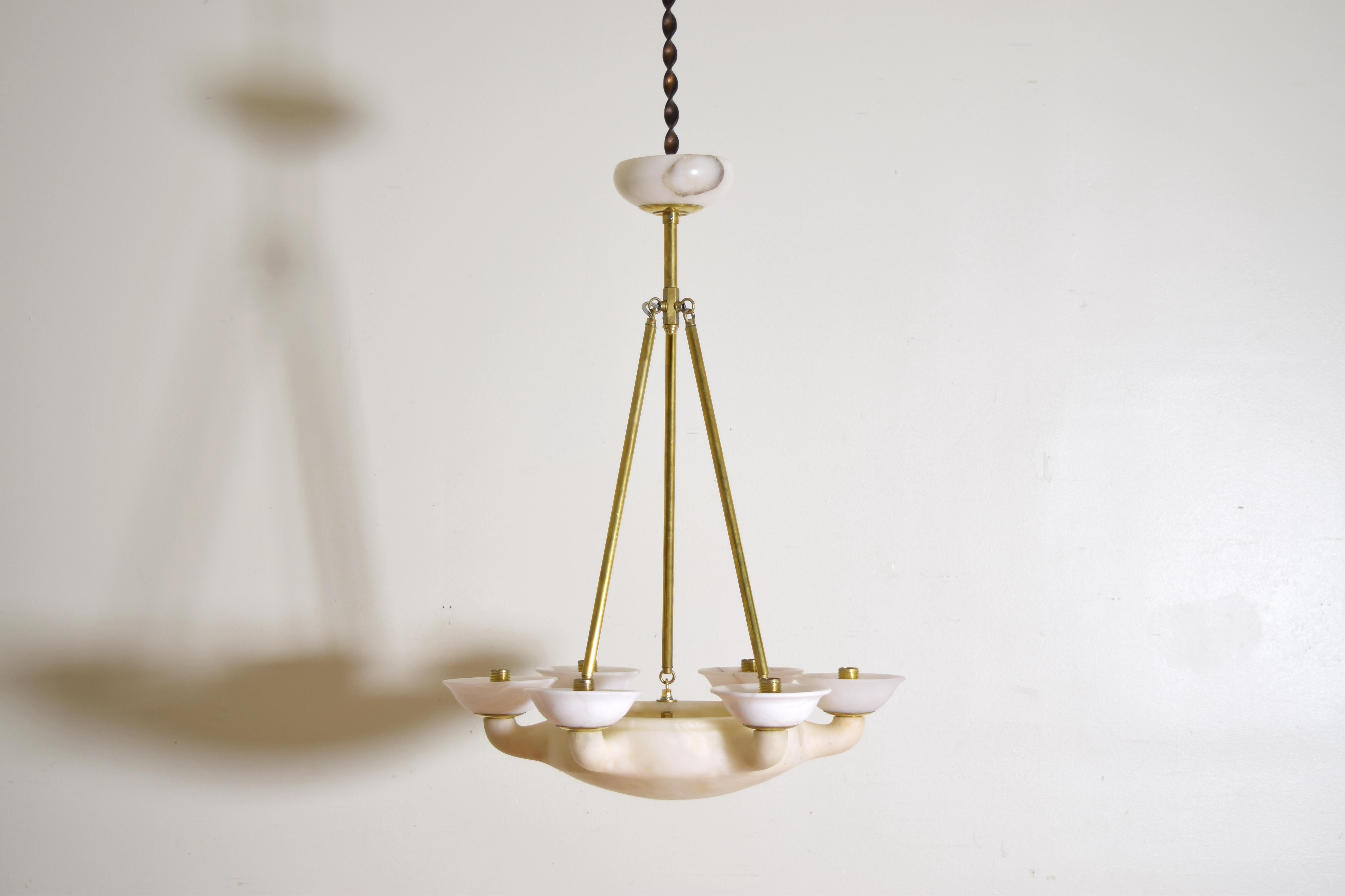 Art Deco Italian, Tuscany (Volterra), Alabaster & Brass 6-Arm Chandelier, ca. 1930s