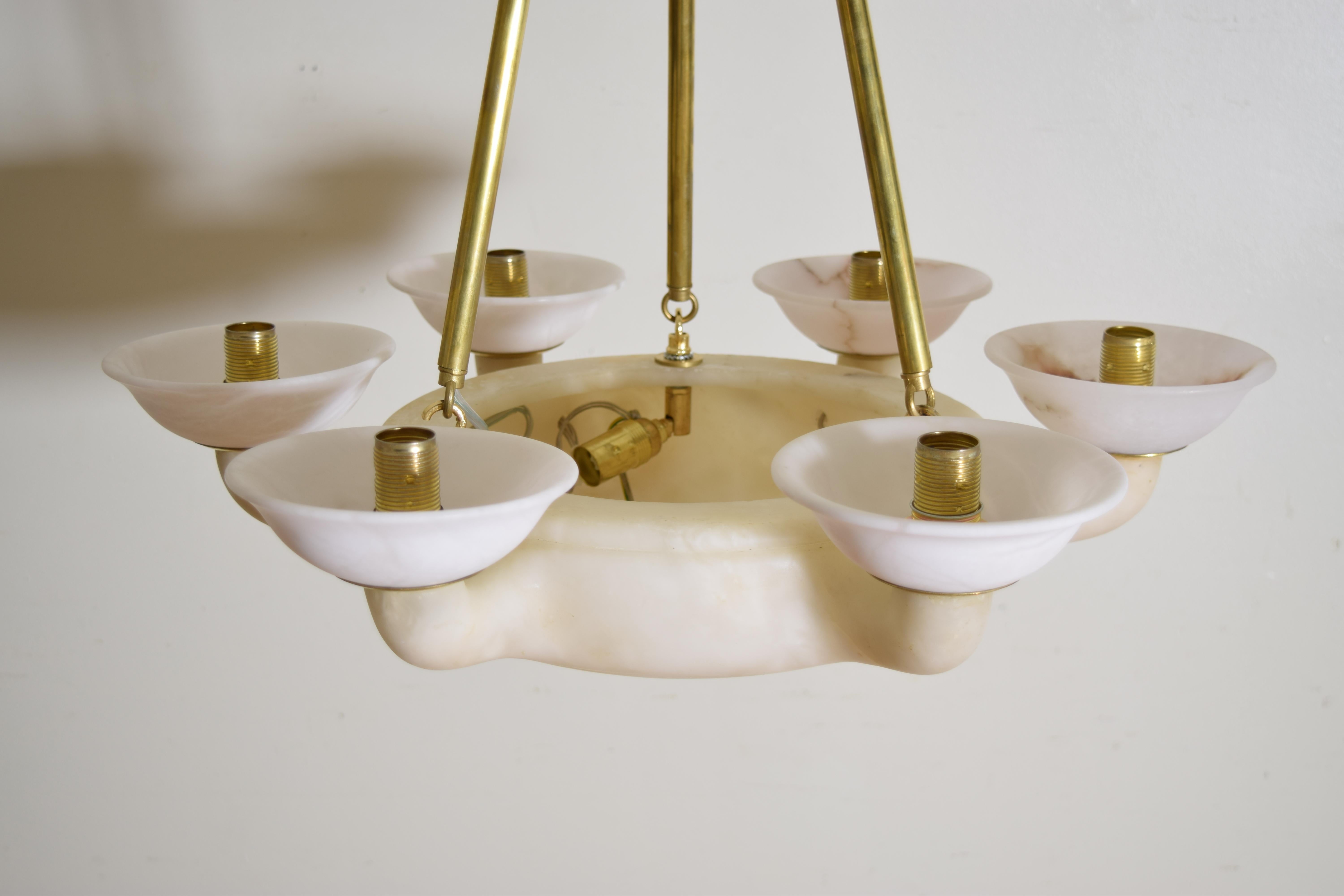Italian, Tuscany (Volterra), Alabaster & Brass 6-Arm Chandelier, ca. 1930s 1