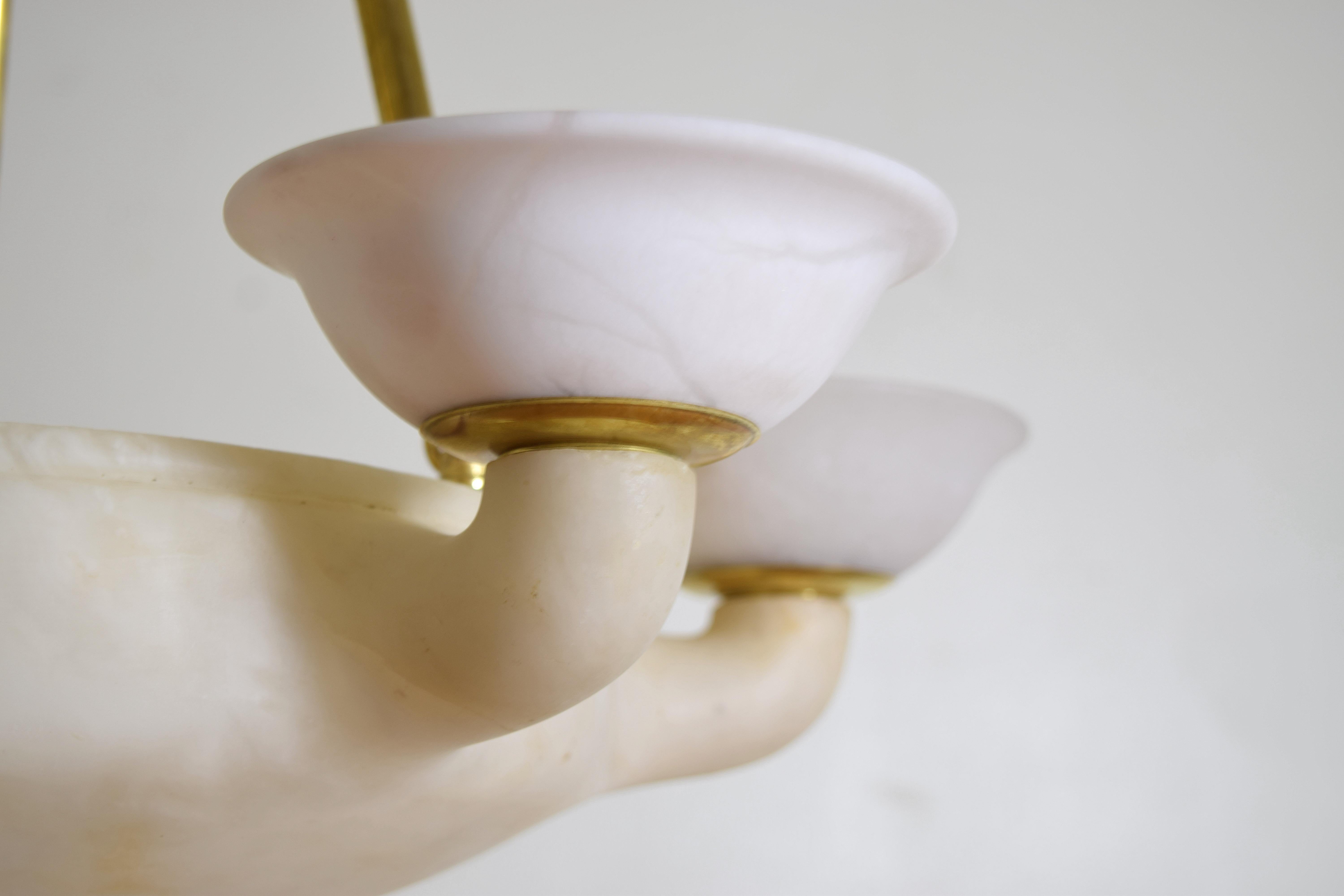 Italian, Tuscany (Volterra), Alabaster & Brass 6-Arm Chandelier, ca. 1930s 3