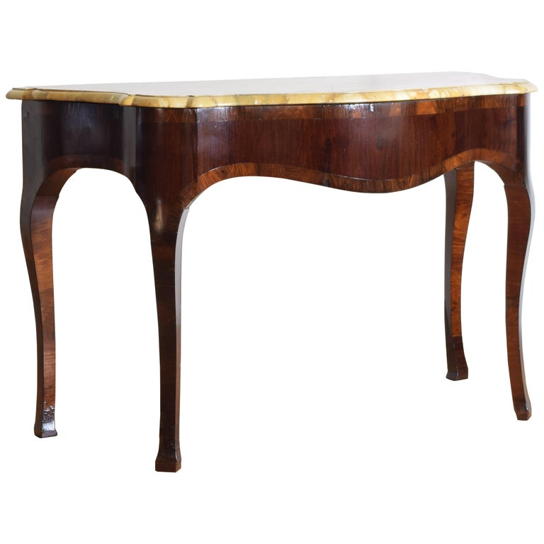 Italian, Tuscany, Walnut and Mixed Veneers MarbleTop Console Table