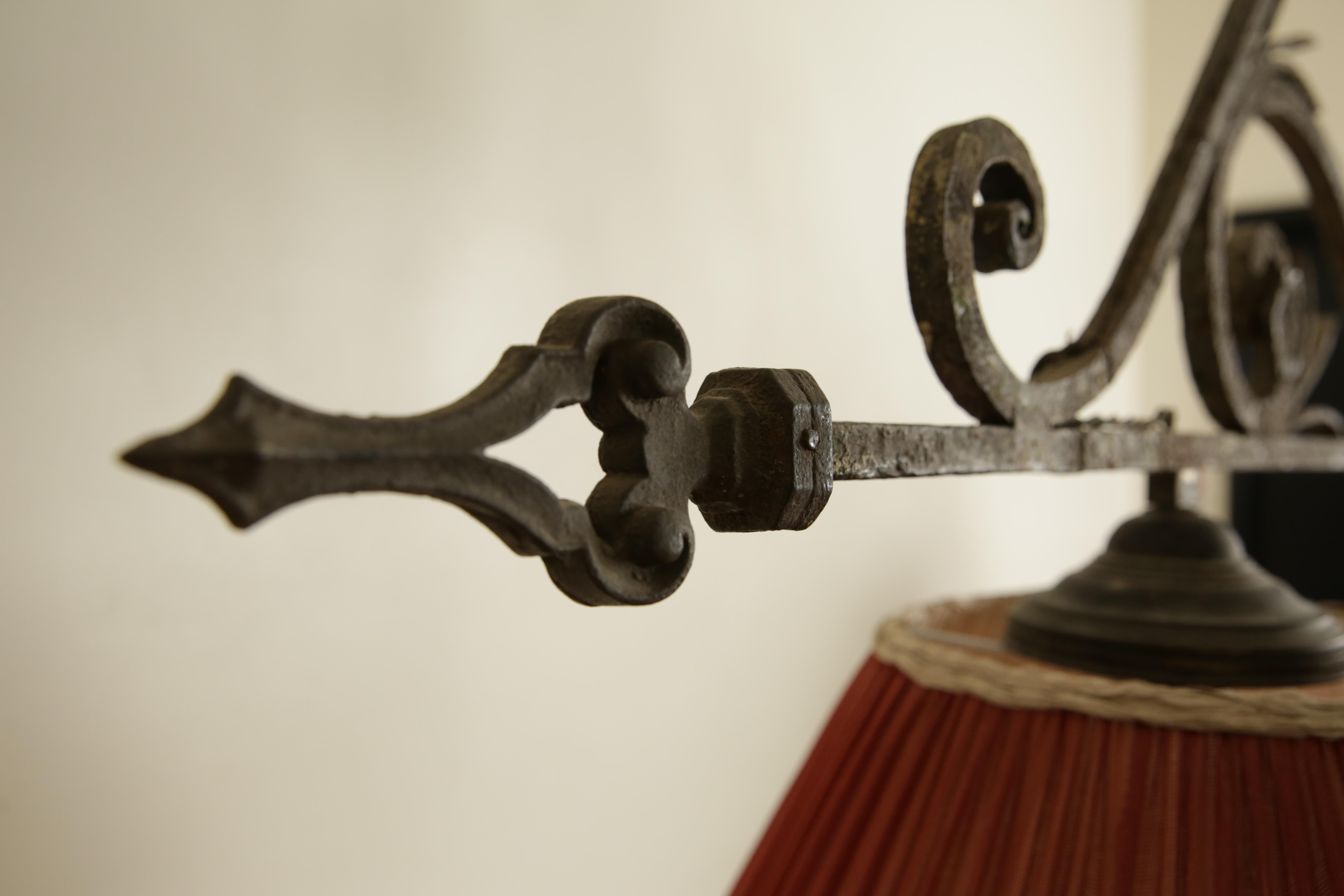 Italian, Tuscany, Wrought Iron Two Light Billiards Fixture with Shades, ca. 1875 For Sale 5