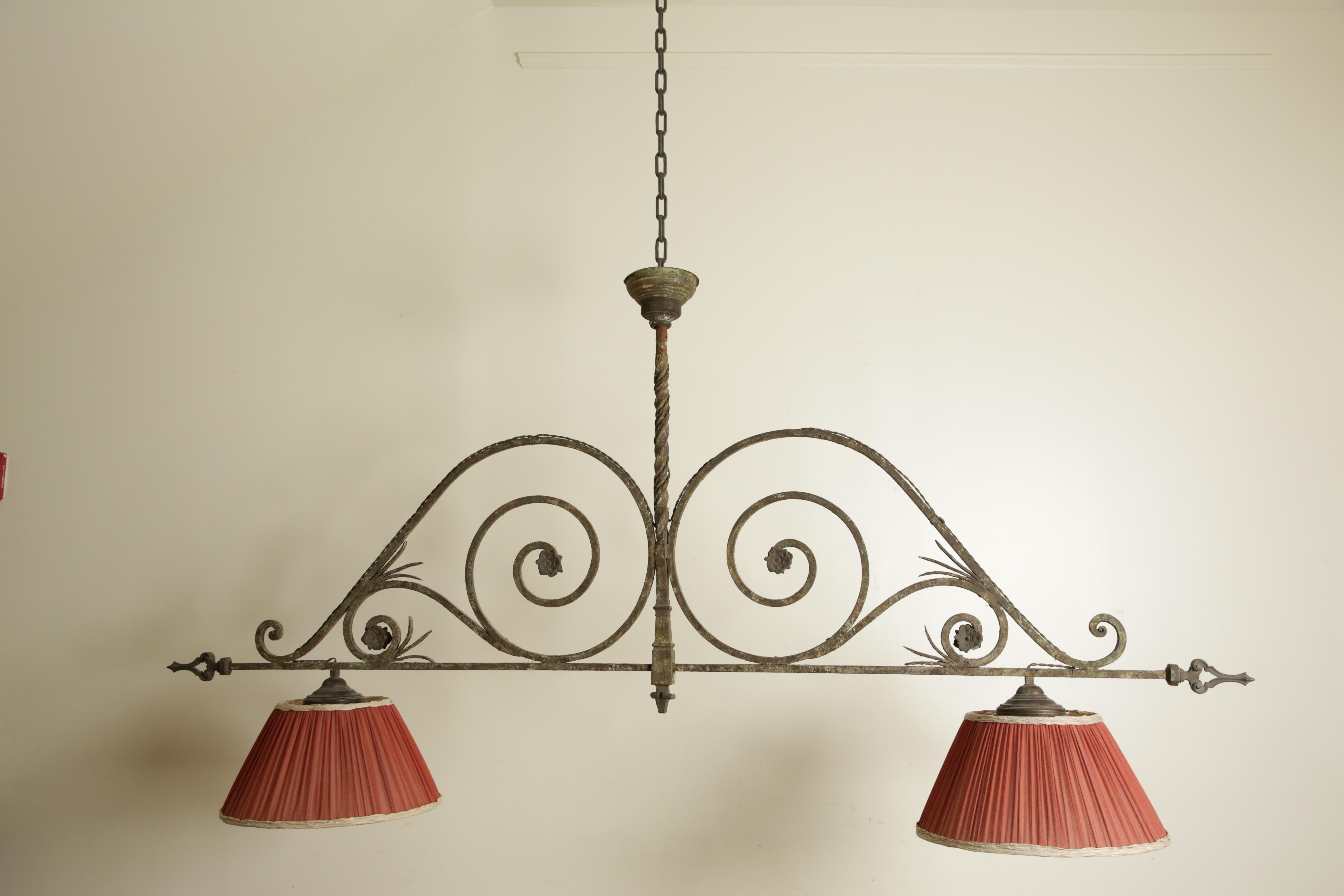 Baroque Revival Italian, Tuscany, Wrought Iron Two Light Billiards Fixture with Shades, ca. 1875 For Sale