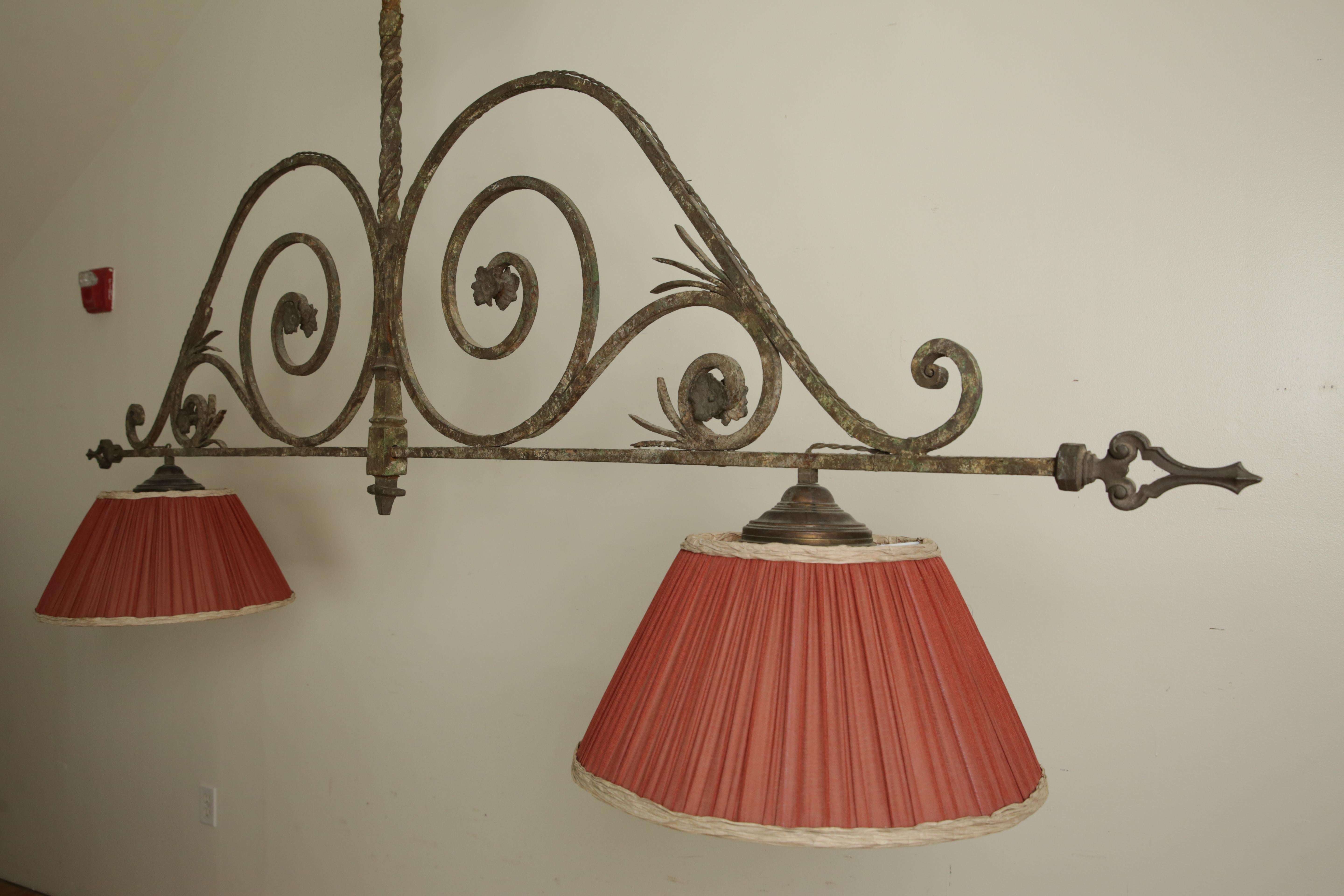 Italian, Tuscany, Wrought Iron Two Light Billiards Fixture with Shades, ca. 1875 In Good Condition For Sale In Atlanta, GA