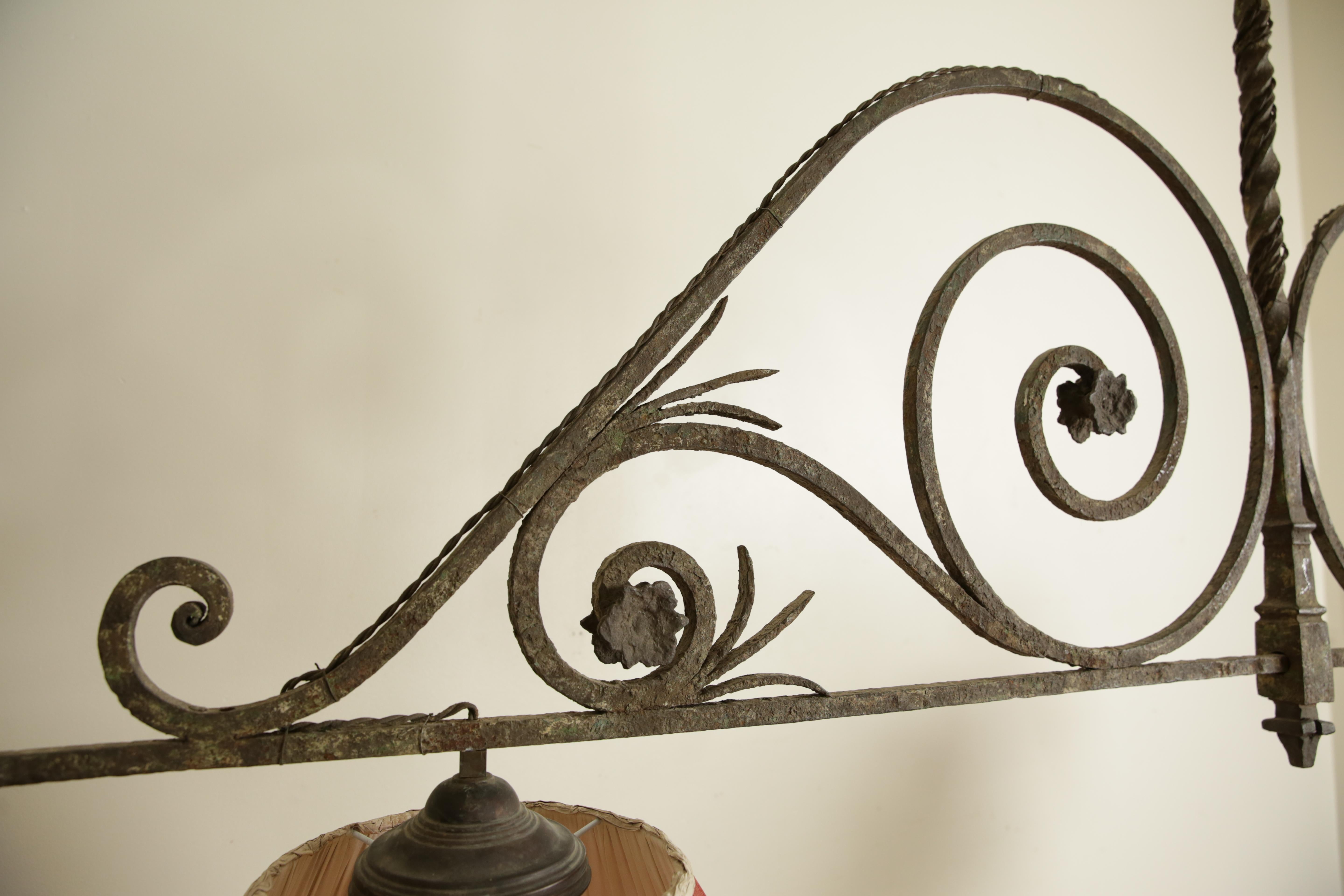 Italian, Tuscany, Wrought Iron Two Light Billiards Fixture with Shades, ca. 1875 For Sale 4