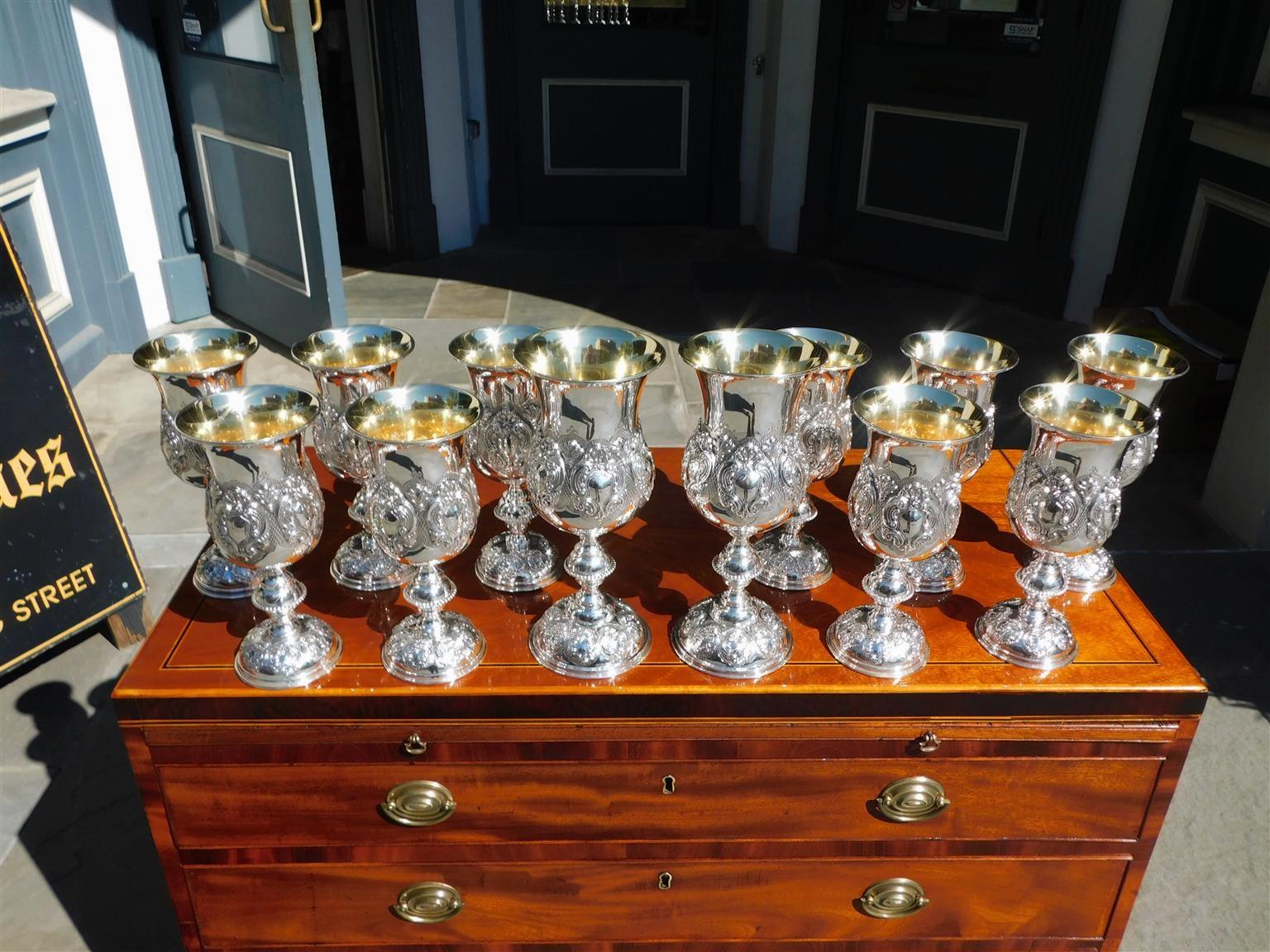 Italian Twelve Coin Silver Embossed & Engraved Interior Gold Washed Goblets 1790 In Excellent Condition In Hollywood, SC