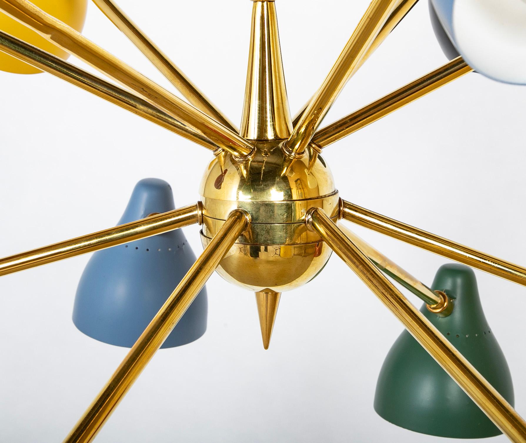 Brass Italian Twelve Light Chandelier by Stilnovo For Sale