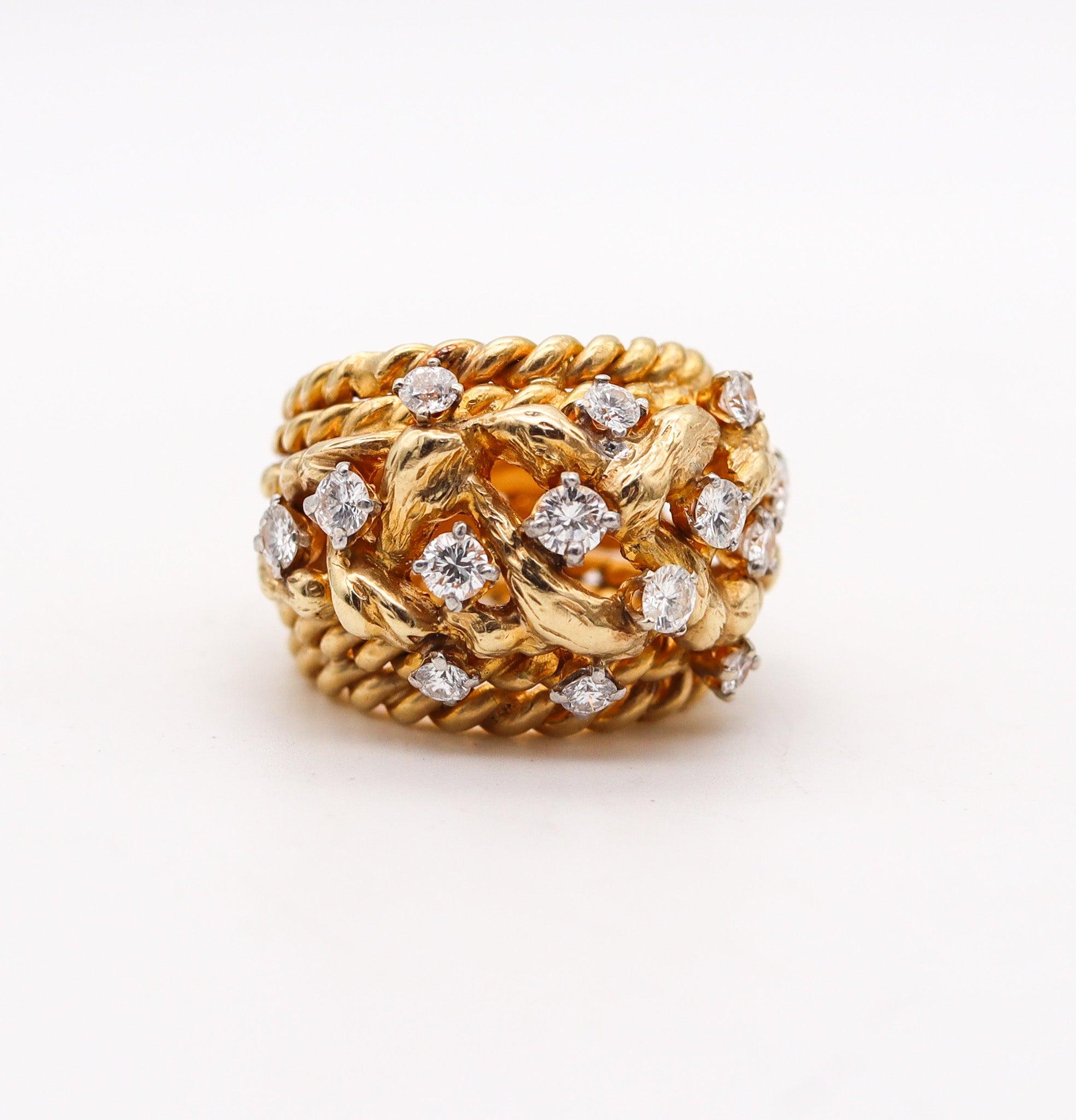 Modernist ITALIAN Twisted Woven Knots Cocktail Ring In 18Kt Gold With 1.82 Ctw Diamonds