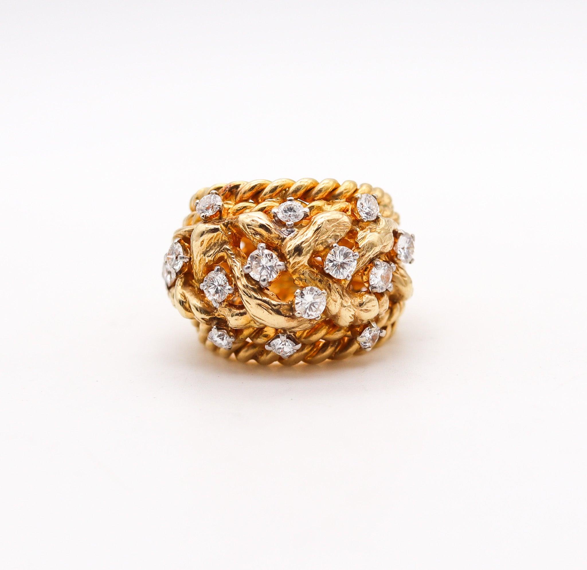 Brilliant Cut ITALIAN Twisted Woven Knots Cocktail Ring In 18Kt Gold With 1.82 Ctw Diamonds