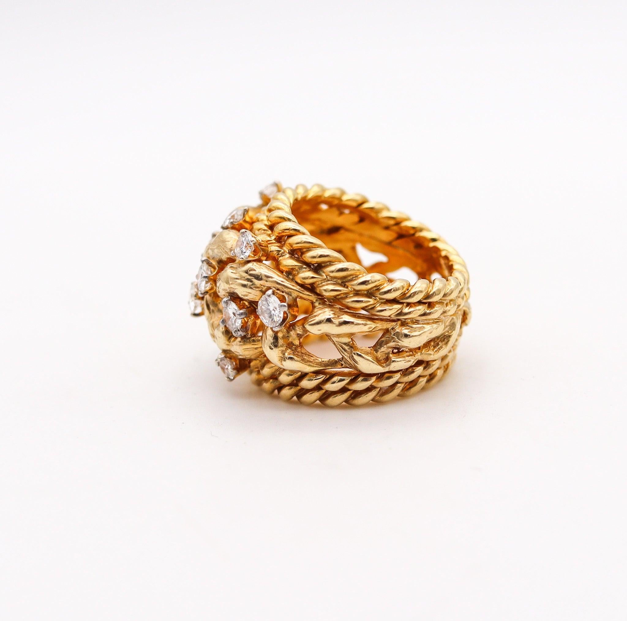 ITALIAN Twisted Woven Knots Cocktail Ring In 18Kt Gold With 1.82 Ctw Diamonds In Excellent Condition In Miami, FL