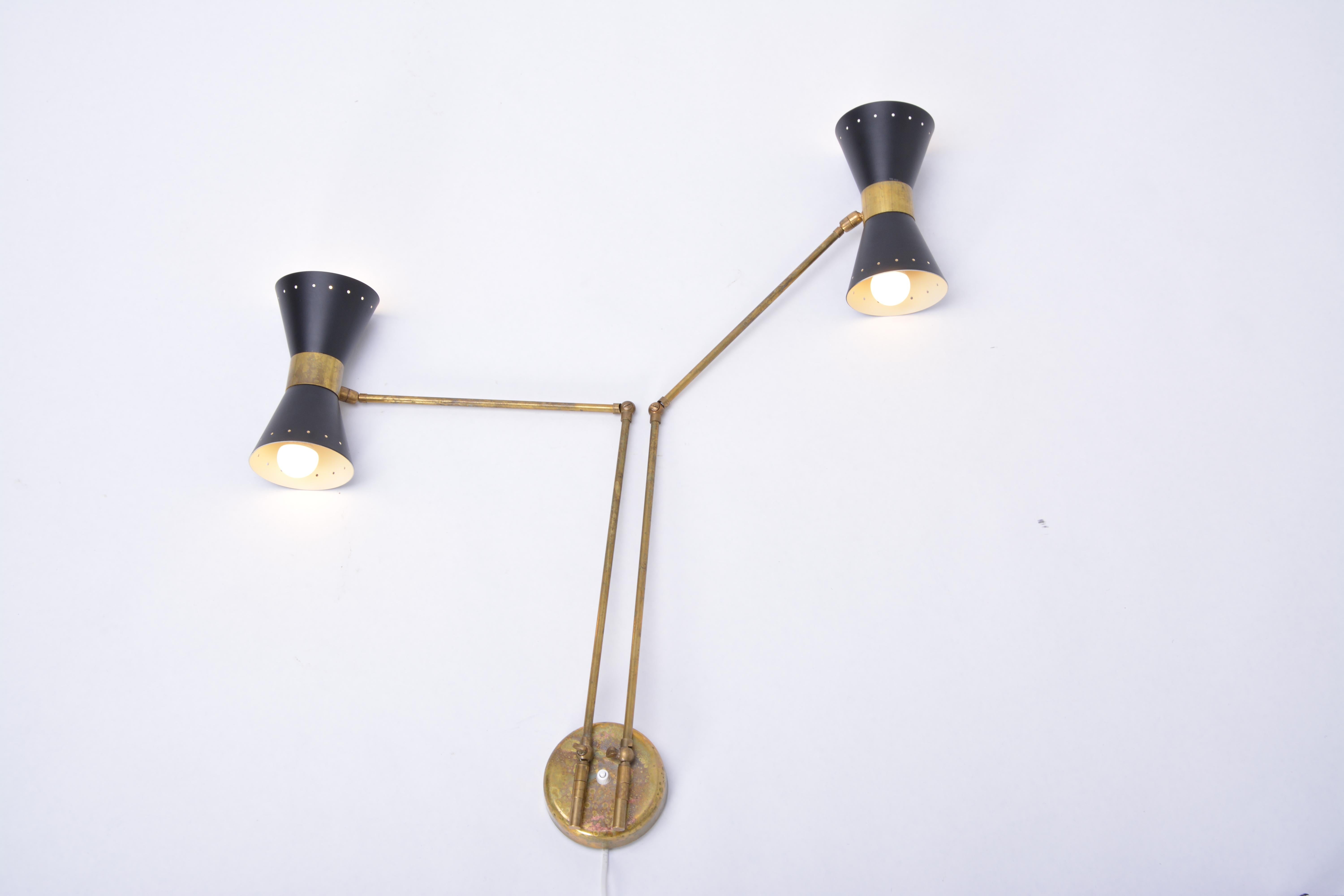 Contemporary Italian Two-Armed Adjustable Metal Wall Lamp with Brass Elements