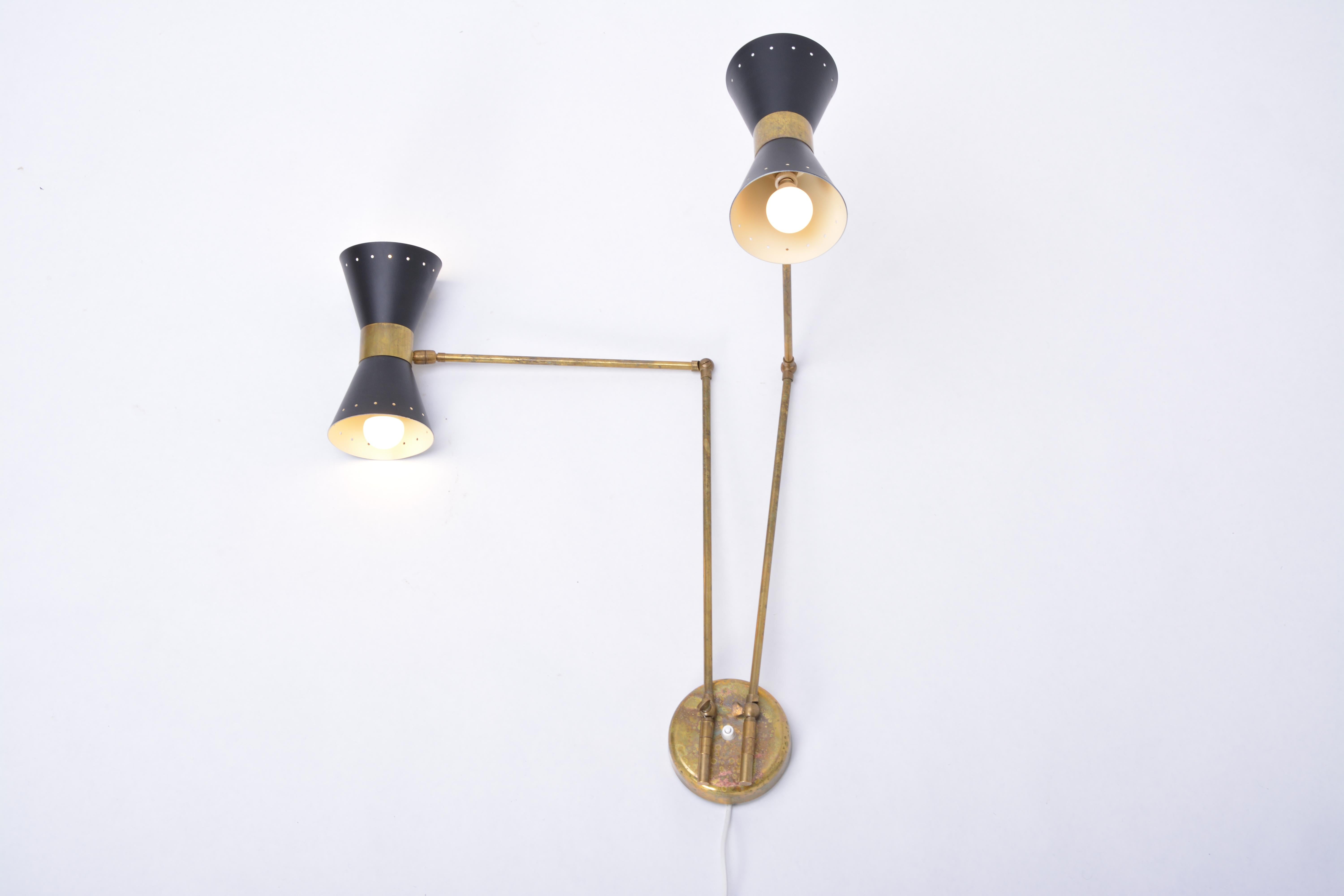 Mid-Century Modern Italian Two-Armed Adjustable Metal Wall Lamp with Brass Elements