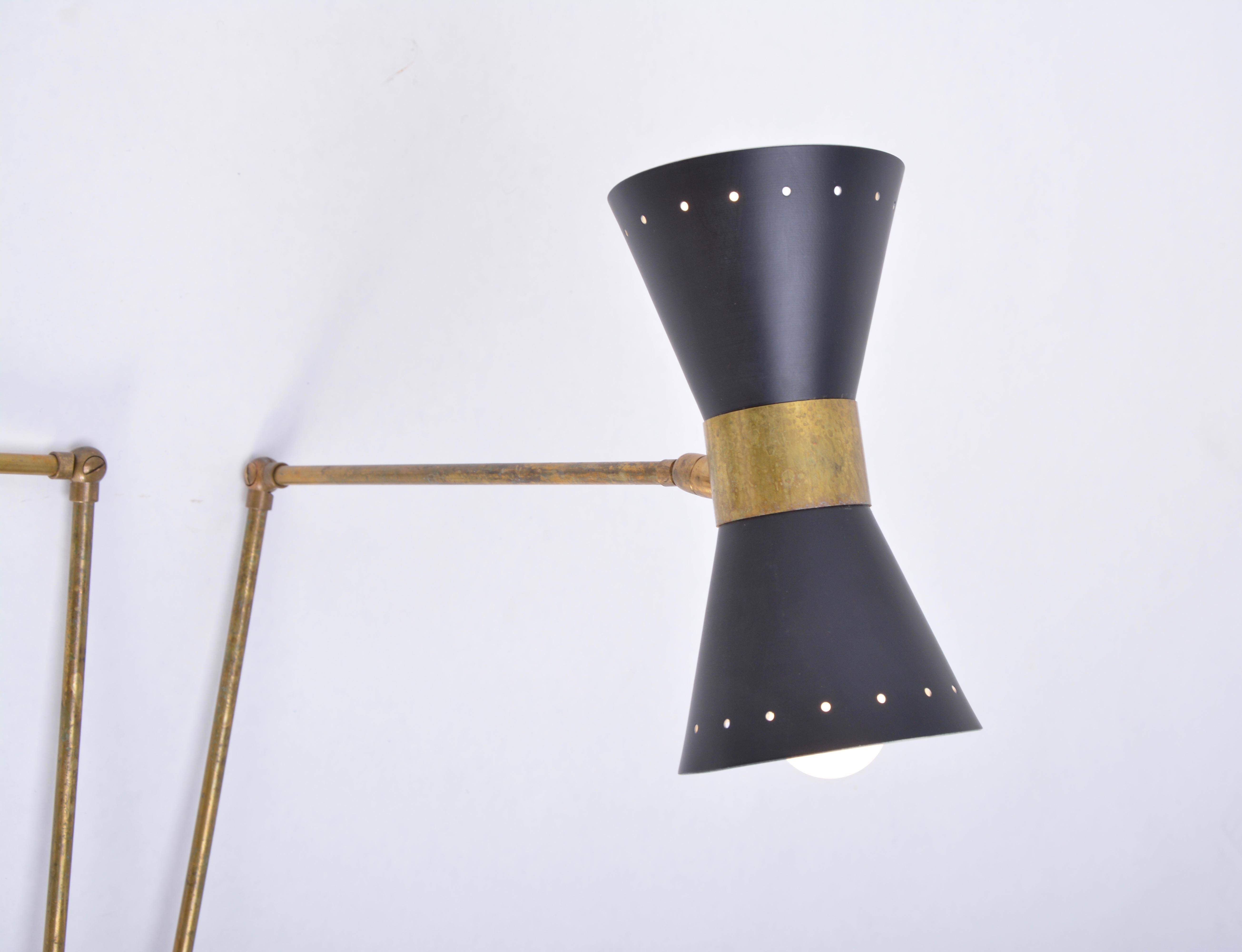 Italian Two-Armed Adjustable Metal Wall Lamp with Brass Elements 1