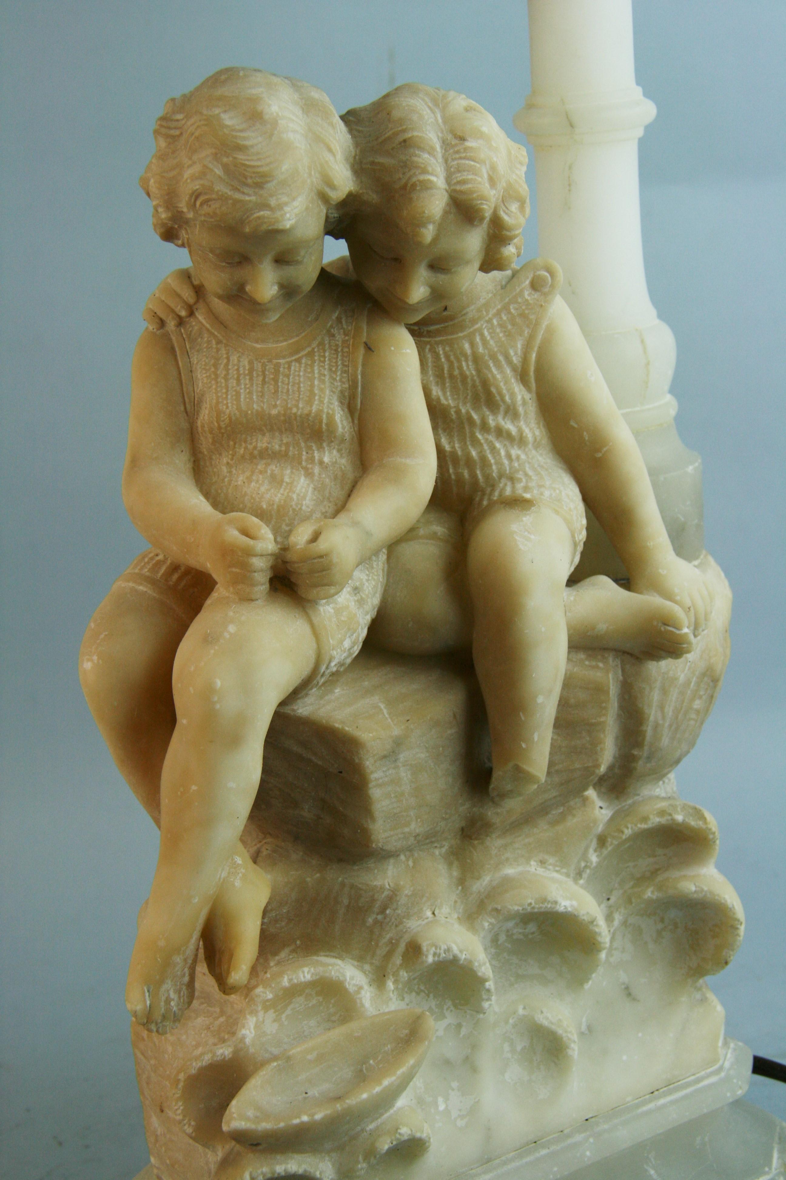 Italian Two Children Hand Carved Alabaster Table Lamp/Sculpture, 1920's For Sale 5
