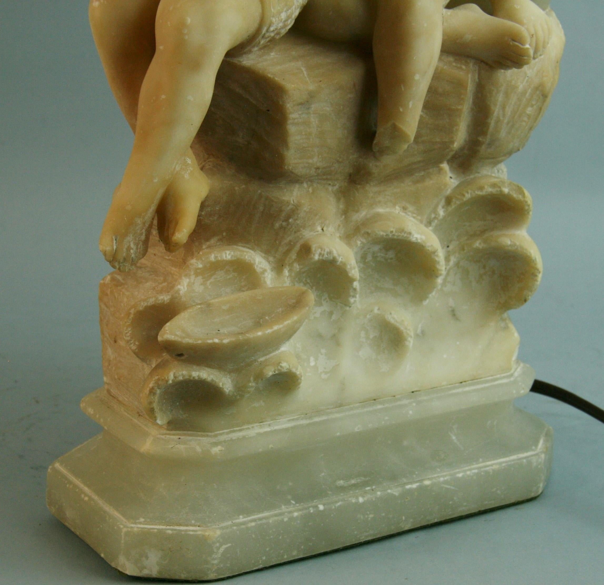 Italian Two Children Hand Carved Alabaster Table Lamp/Sculpture, 1920's For Sale 7