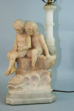 Italian Two Children Hand Carved Alabaster Table Lamp/Sculpture, 1920's