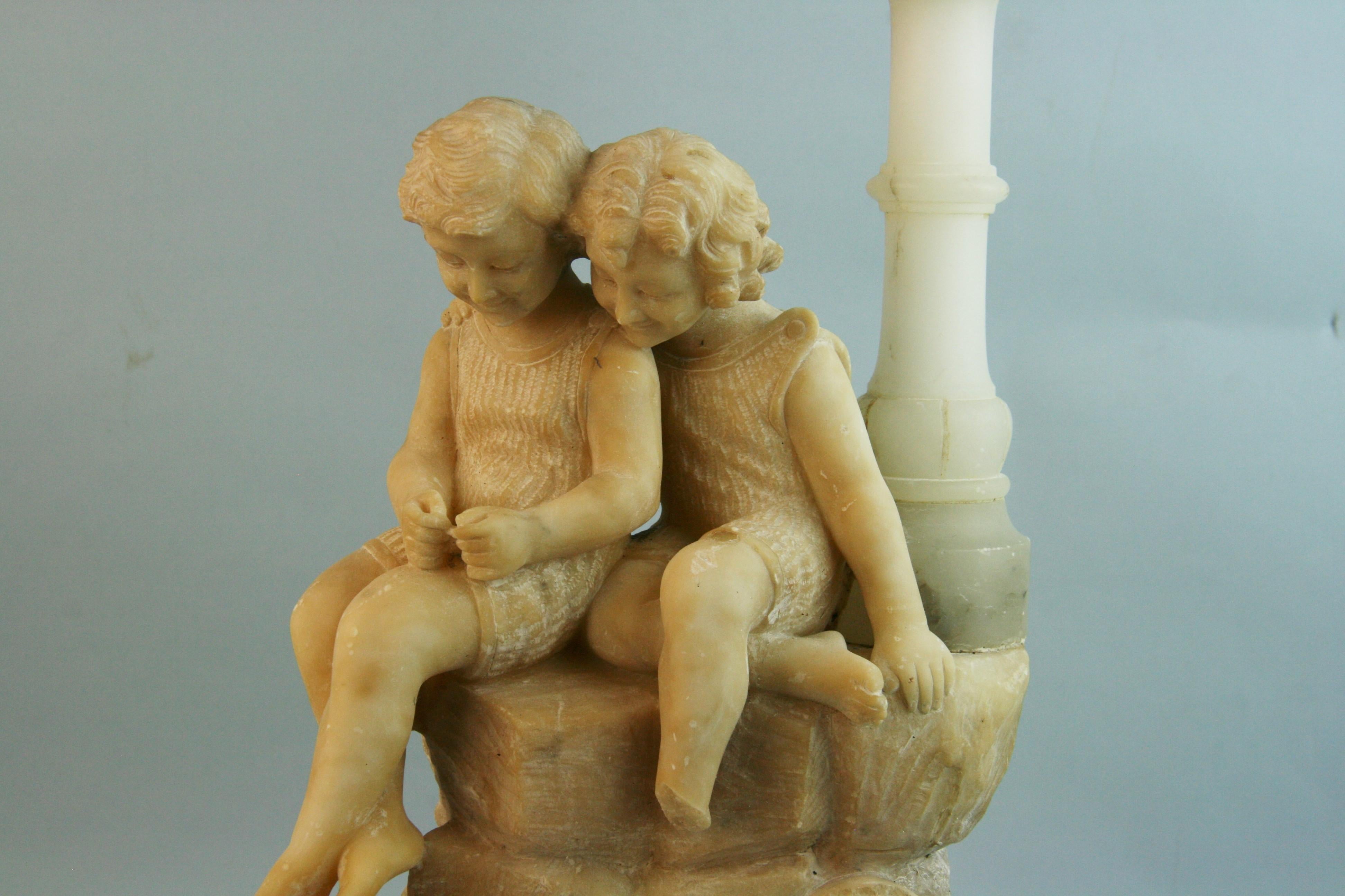 Italian Two Children Hand Carved Alabaster Table Lamp/Sculpture, 1920's In Good Condition For Sale In Douglas Manor, NY