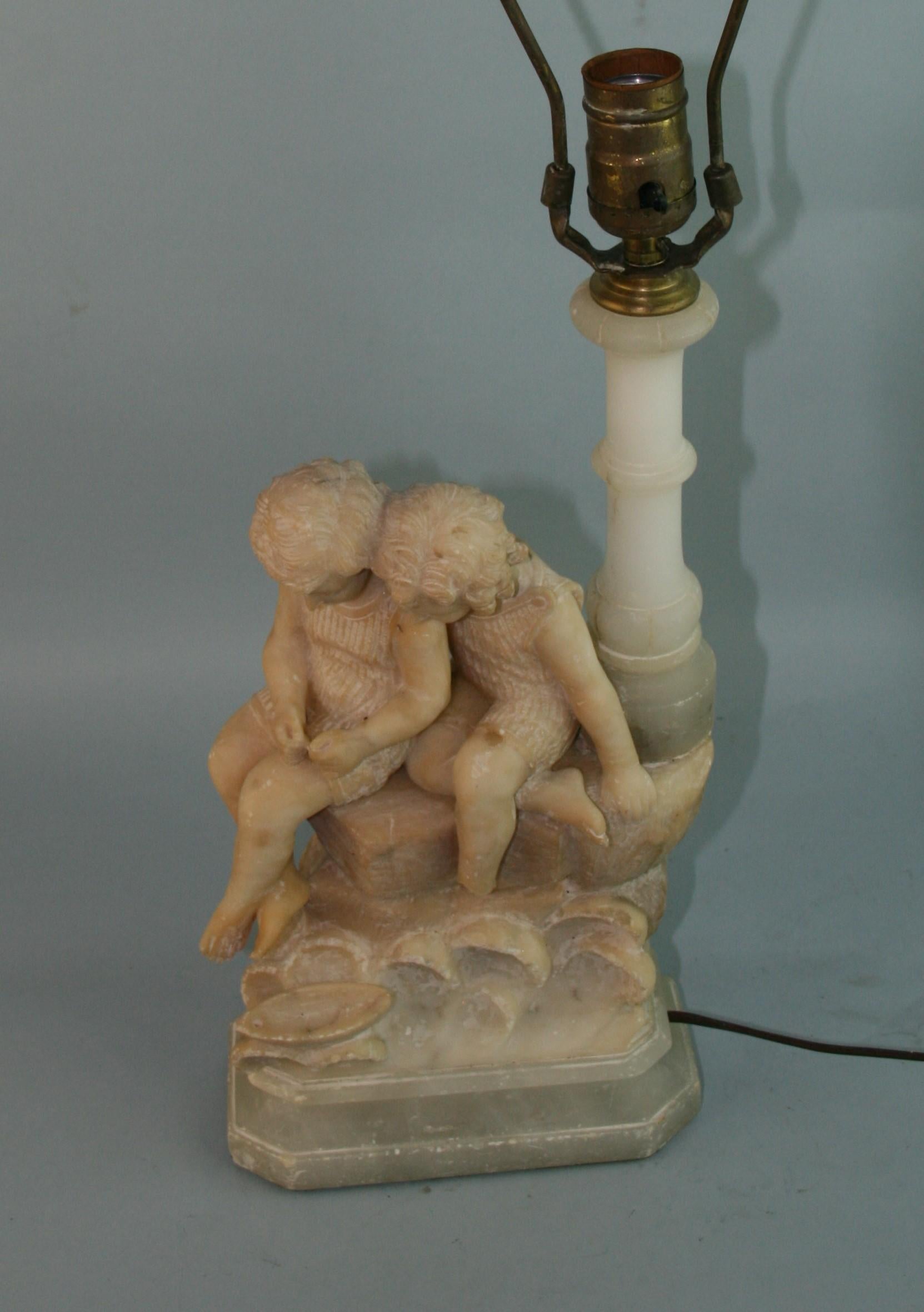 Italian Two Children Hand Carved Alabaster Table Lamp/Sculpture, 1920's For Sale 2